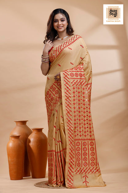 Beige Bangalore Silk Red color Thread Work Gujrati Stitch Saree