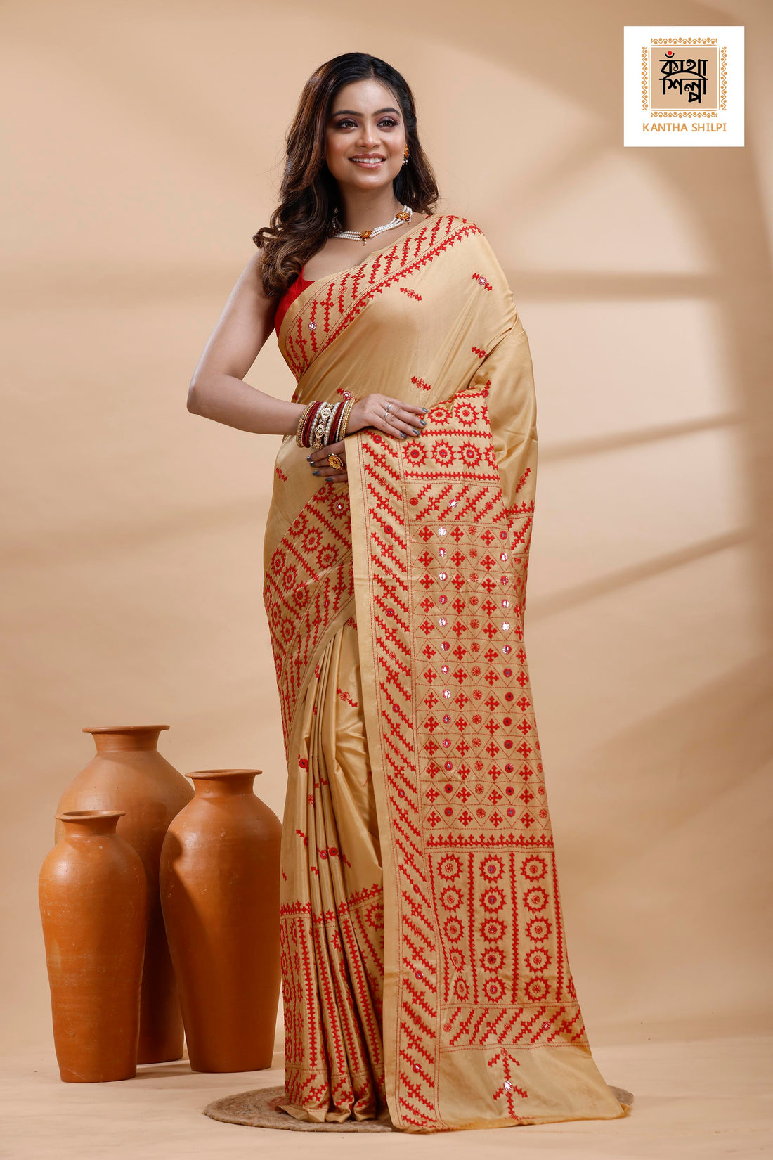 Beige Bangalore Silk Red color Thread Work Gujrati Stitch Saree