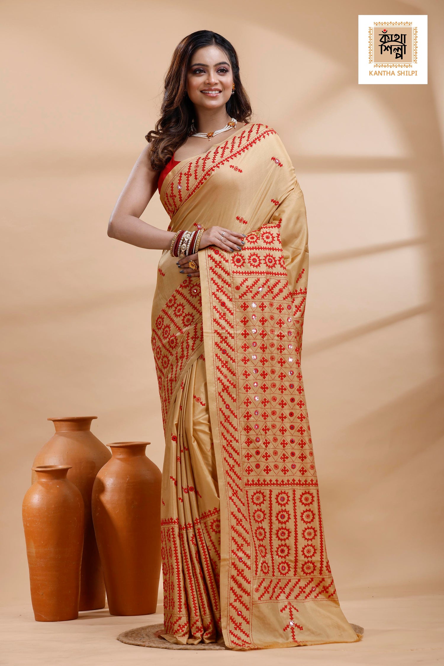 Beige Bangalore Silk Red color Thread Work Gujrati Stitch Saree