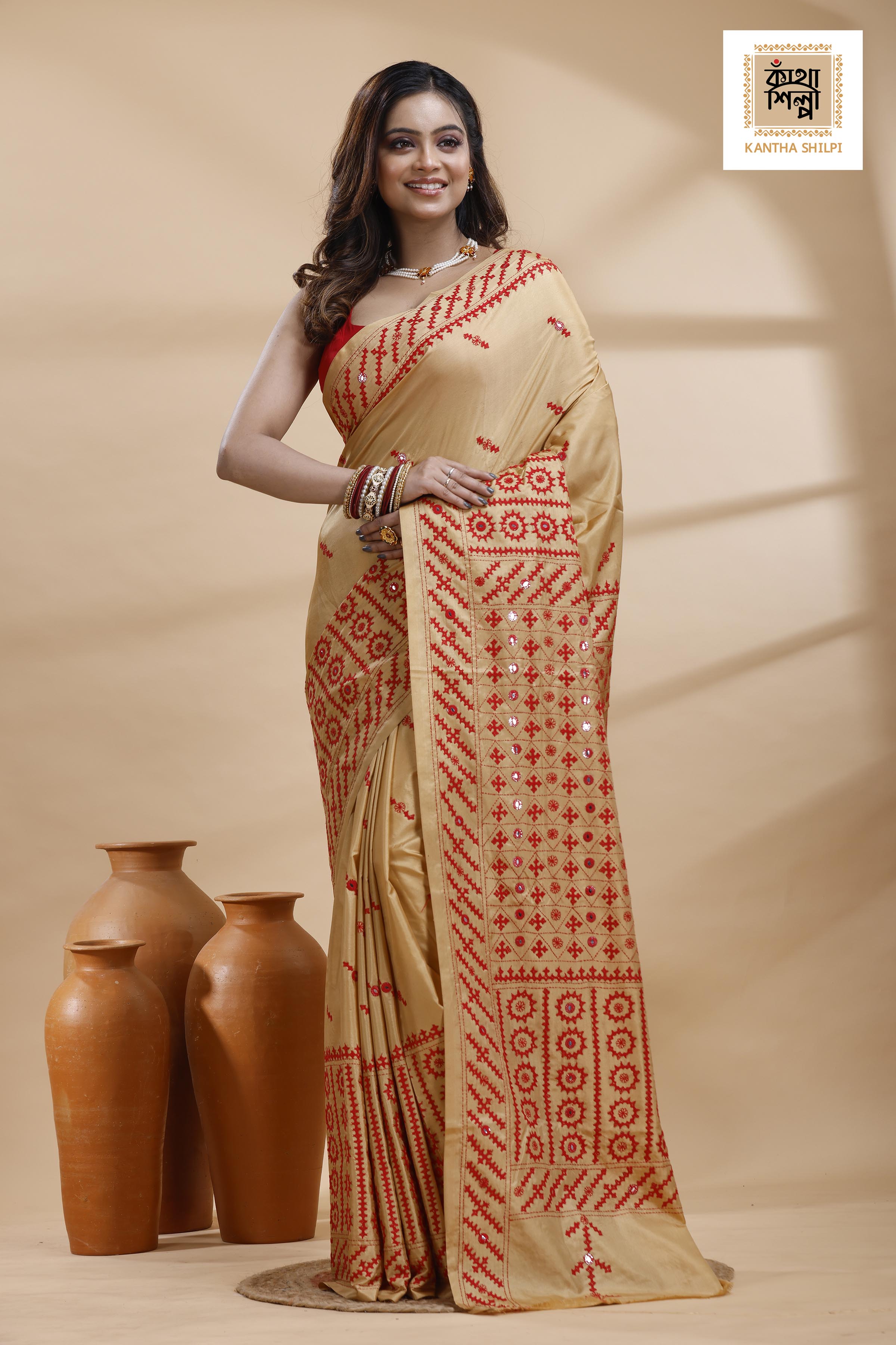 Beige Bangalore Silk Red color Thread Work Gujrati Stitch Saree
