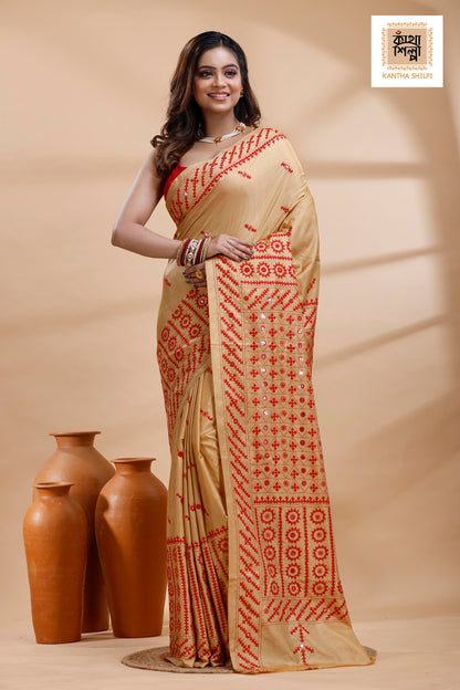 Beige Bangalore Silk Red color Thread Work Gujrati Stitch Saree