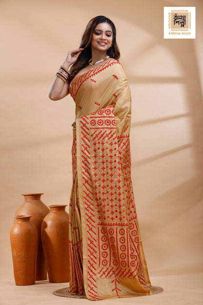 Beige Bangalore Silk Red color Thread Work Gujrati Stitch Saree