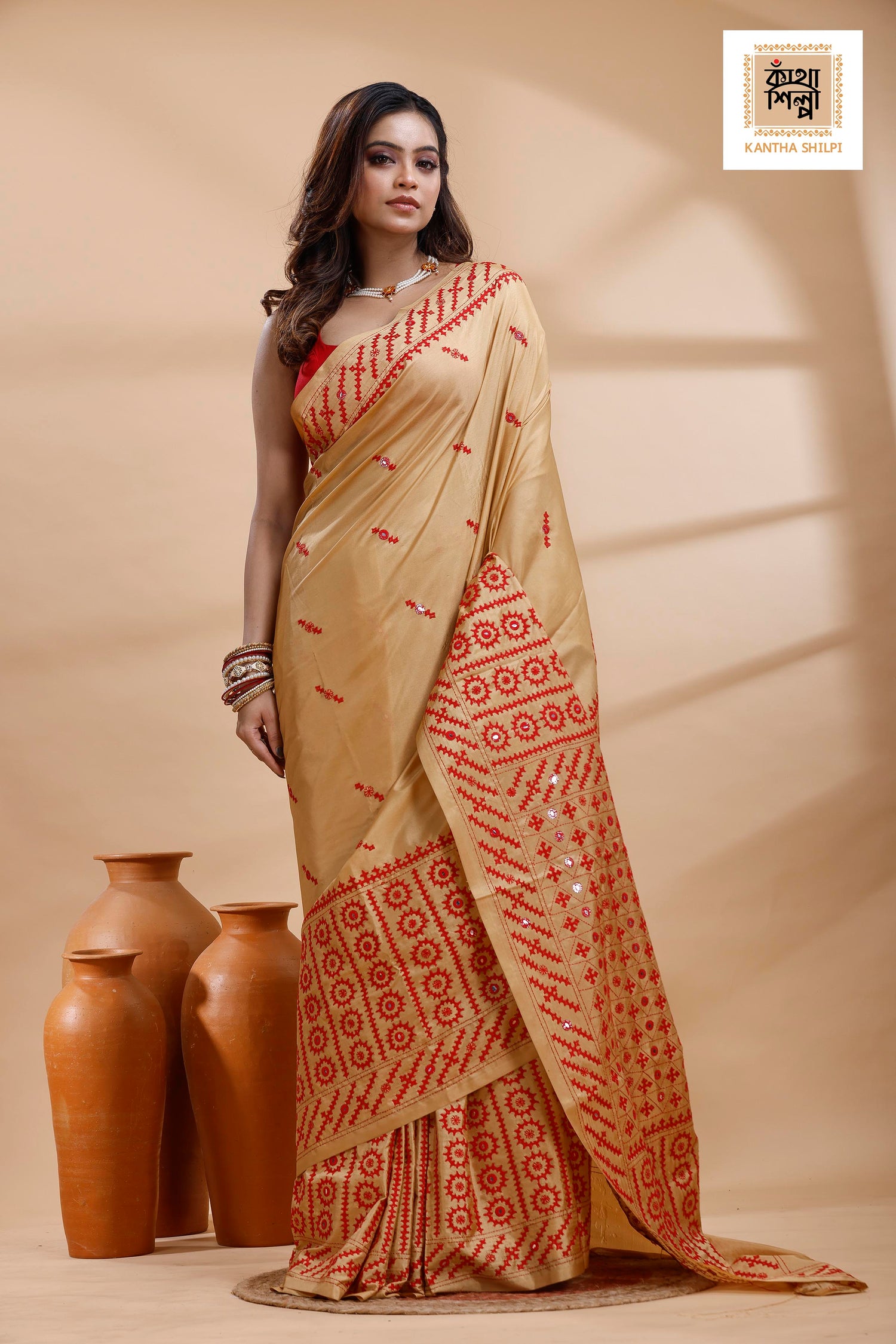 Beige Bangalore Silk Red color Thread Work Gujrati Stitch Saree