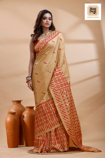 Beige Bangalore Silk Red color Thread Work Gujrati Stitch Saree