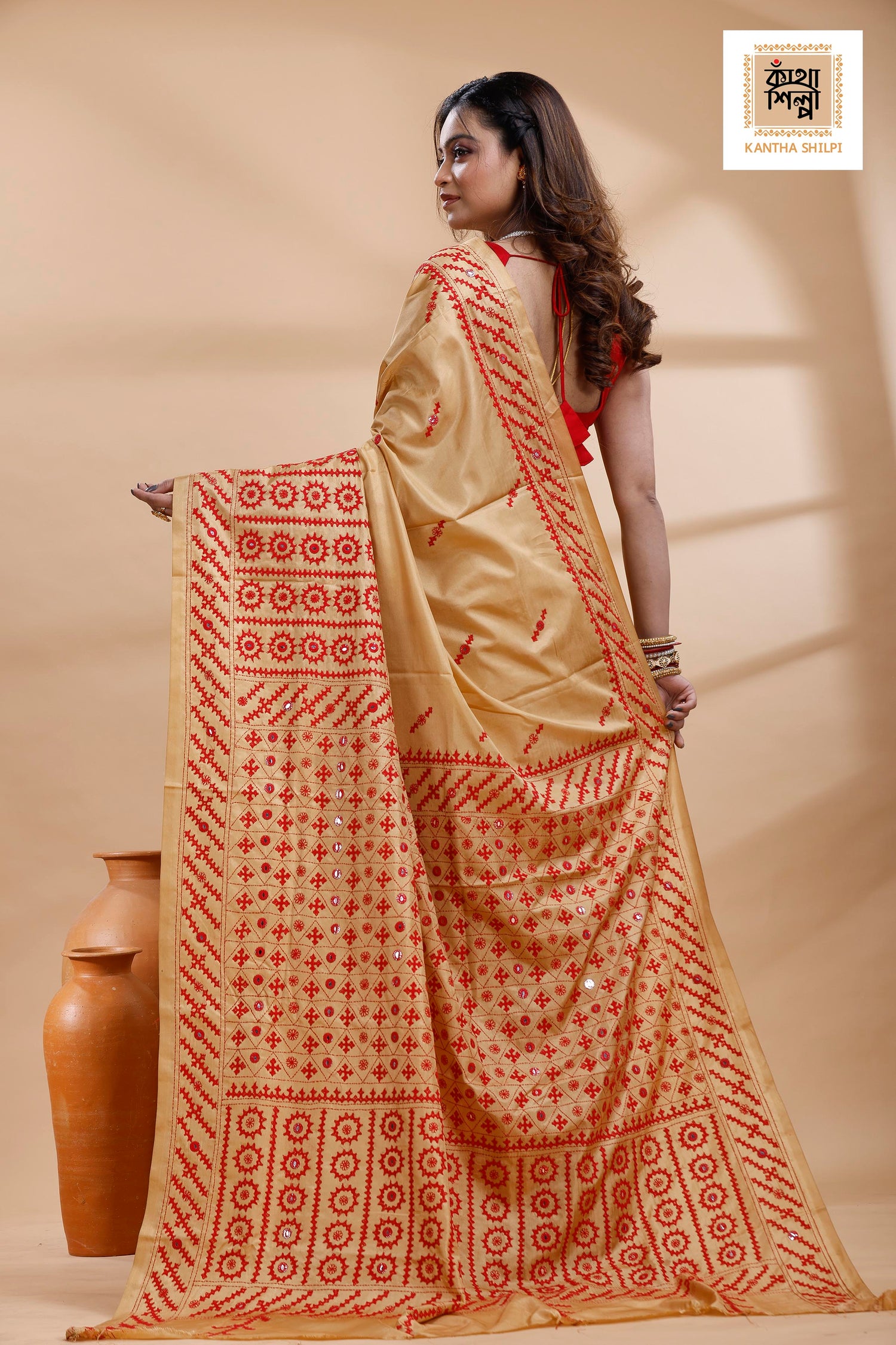 Beige Bangalore Silk Red color Thread Work Gujrati Stitch Saree