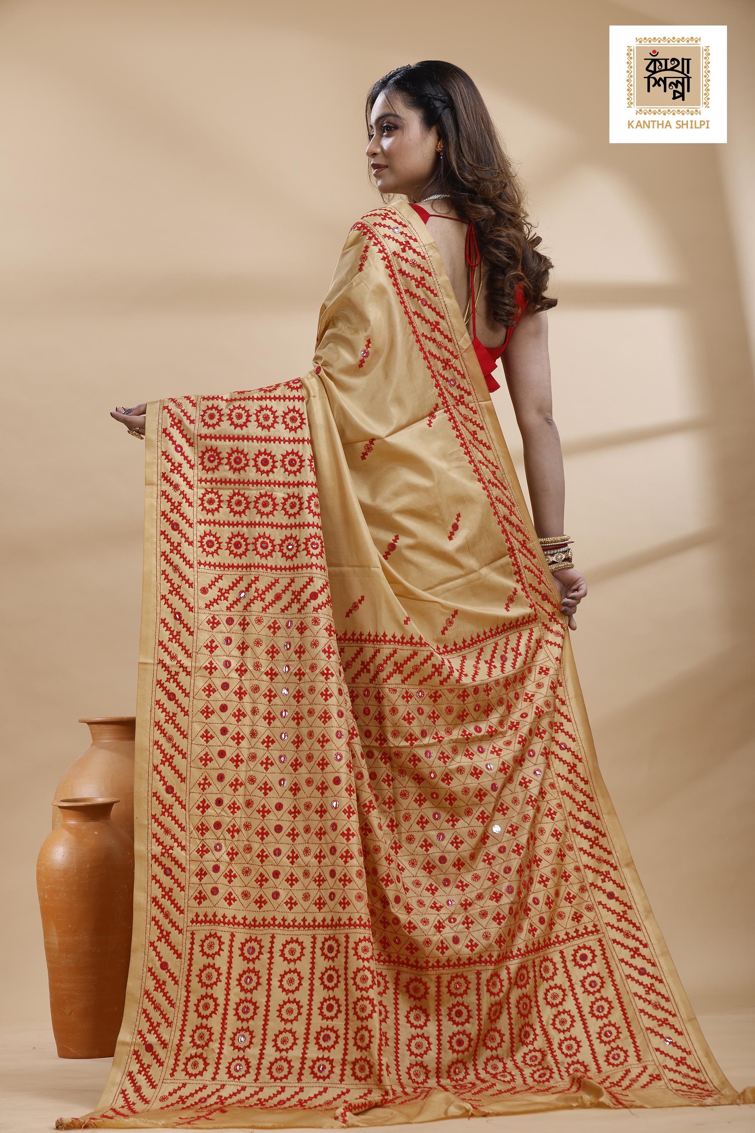 Beige Bangalore Silk Red color Thread Work Gujrati Stitch Saree