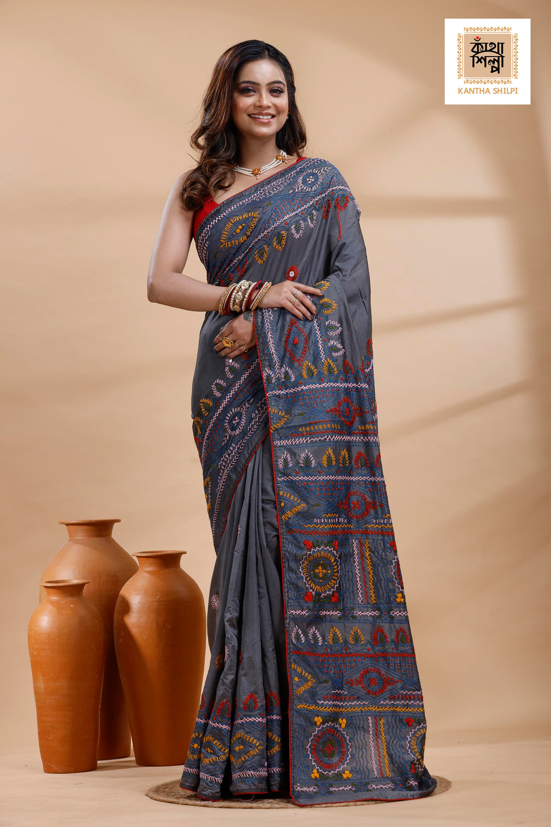Still Grey Color Bangalore Silk Multicolor Thread Work Lambani Stitch Saree