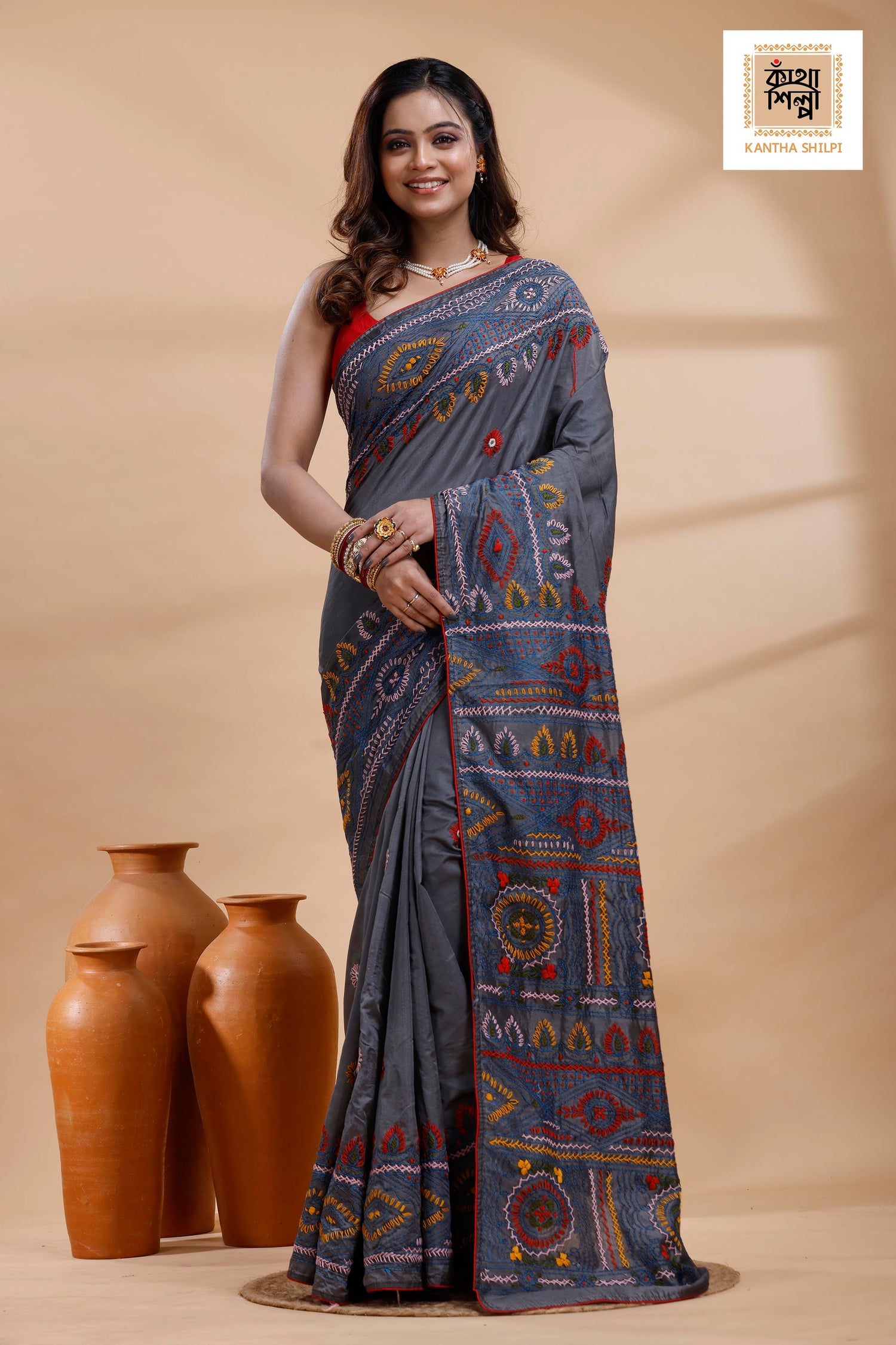 Still Grey Color Bangalore Silk Multicolor Thread Work Lambani Stitch Saree