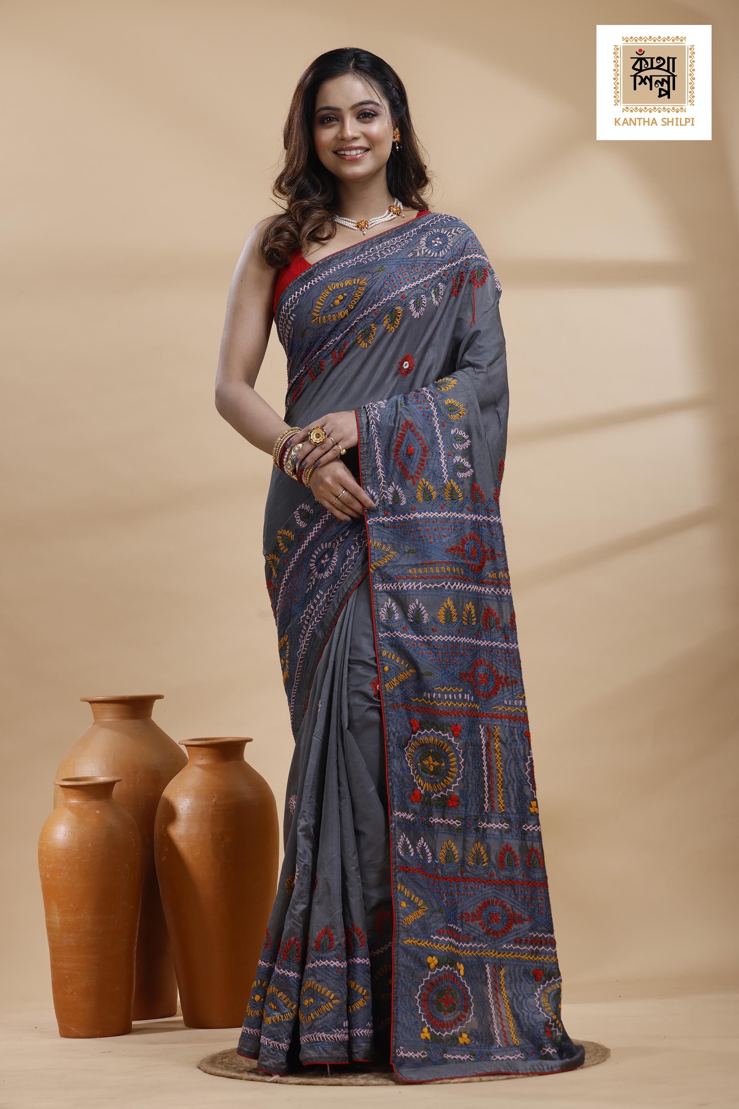 Still Grey Color Bangalore Silk Multicolor Thread Work Lambani Stitch Saree