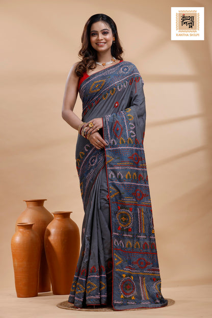 Still Grey Color Bangalore Silk Multicolor Thread Work Lambani Stitch Saree