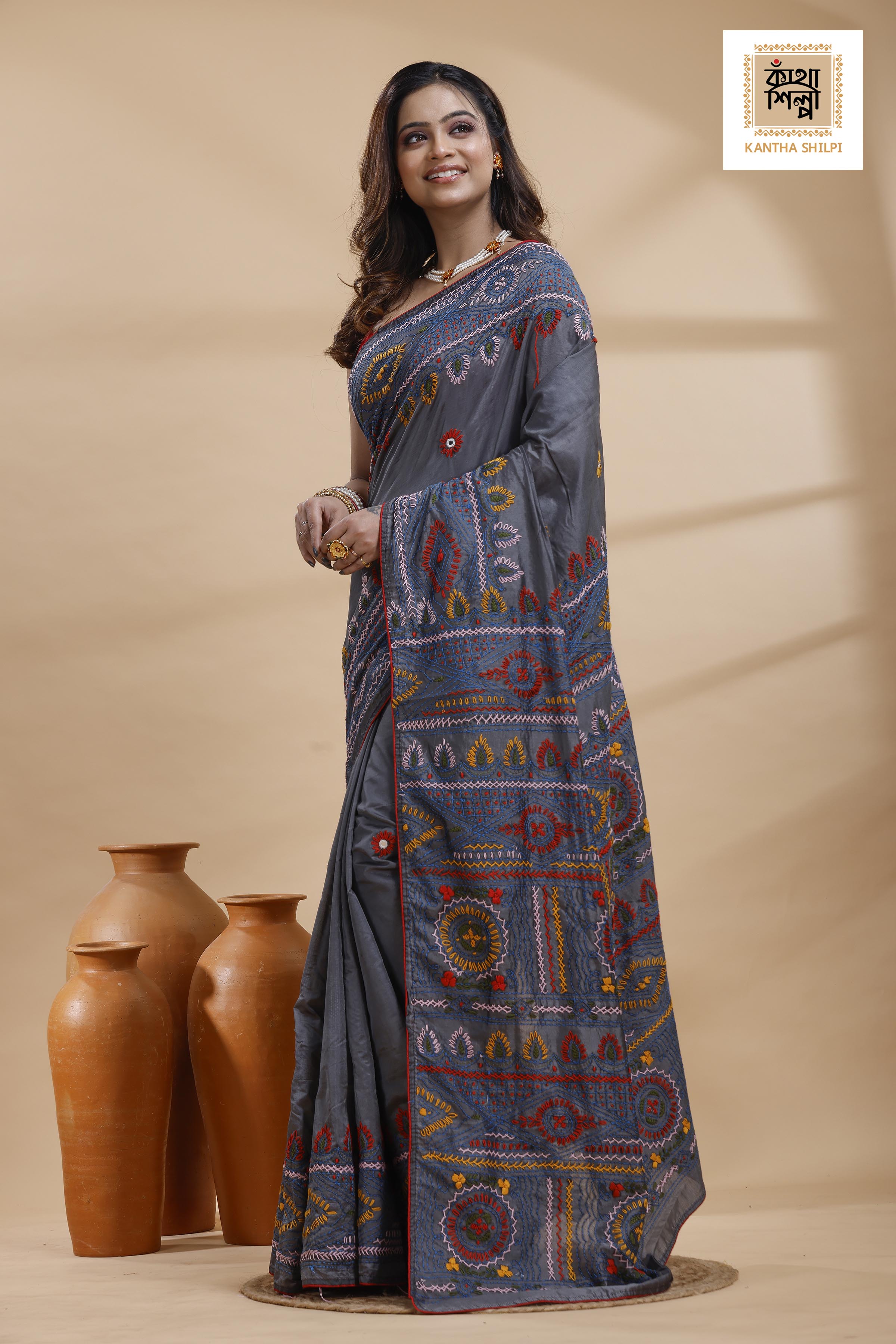 Still Grey Color Bangalore Silk Multicolor Thread Work Lambani Stitch Saree