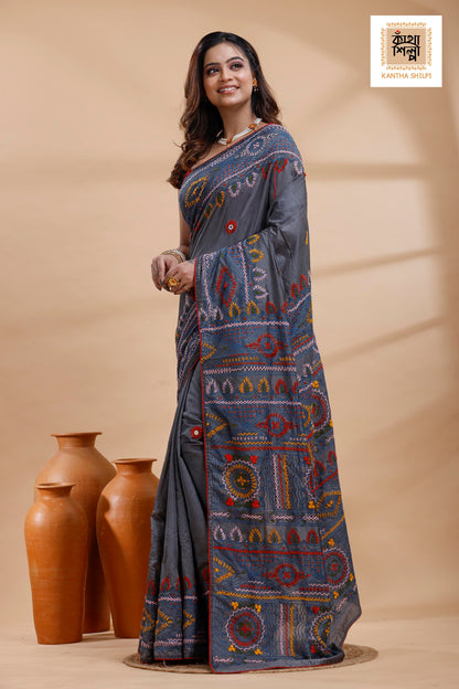 Still Grey Color Bangalore Silk Multicolor Thread Work Lambani Stitch Saree