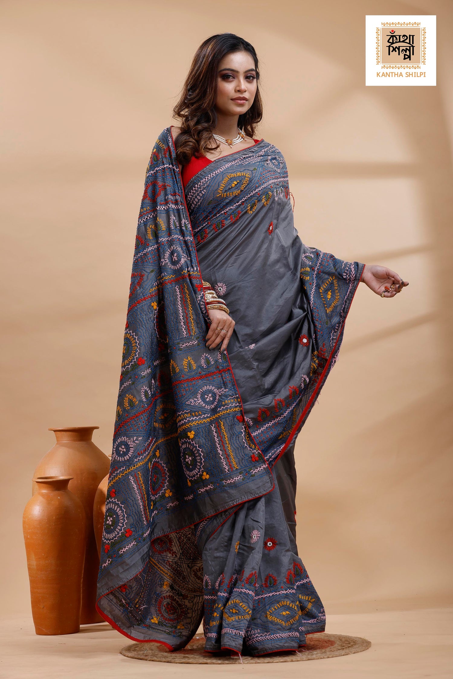 Still Grey Color Bangalore Silk Multicolor Thread Work Lambani Stitch Saree