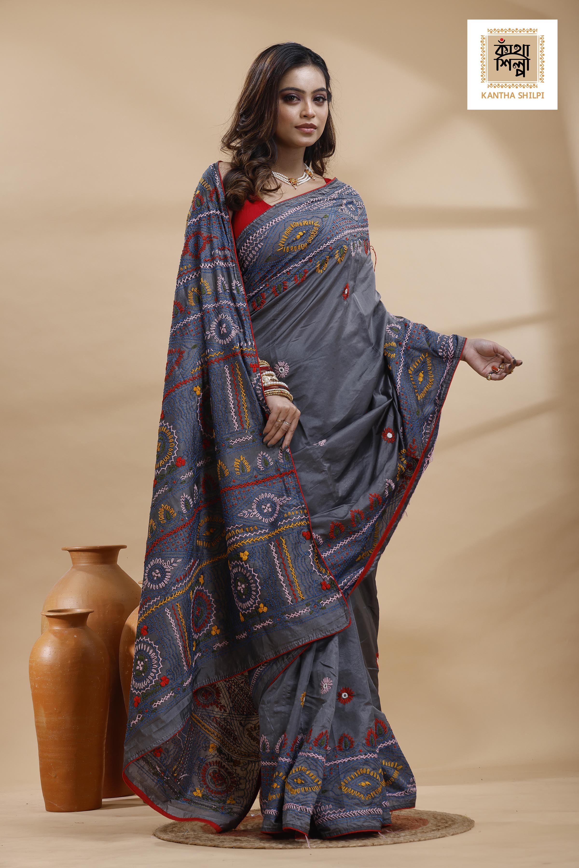 Still Grey Color Bangalore Silk Multicolor Thread Work Lambani Stitch Saree