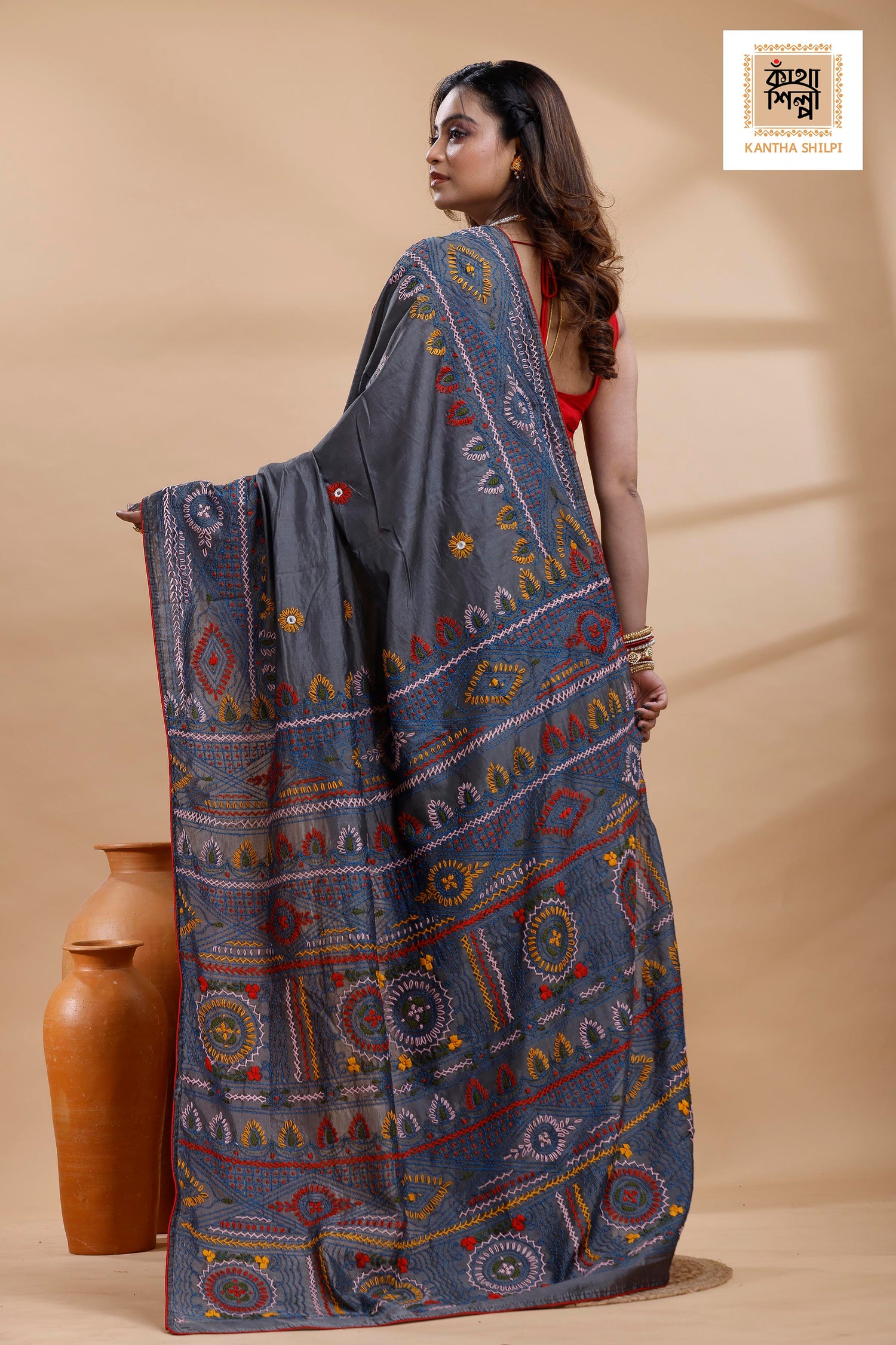 Still Grey Color Bangalore Silk Multicolor Thread Work Lambani Stitch Saree