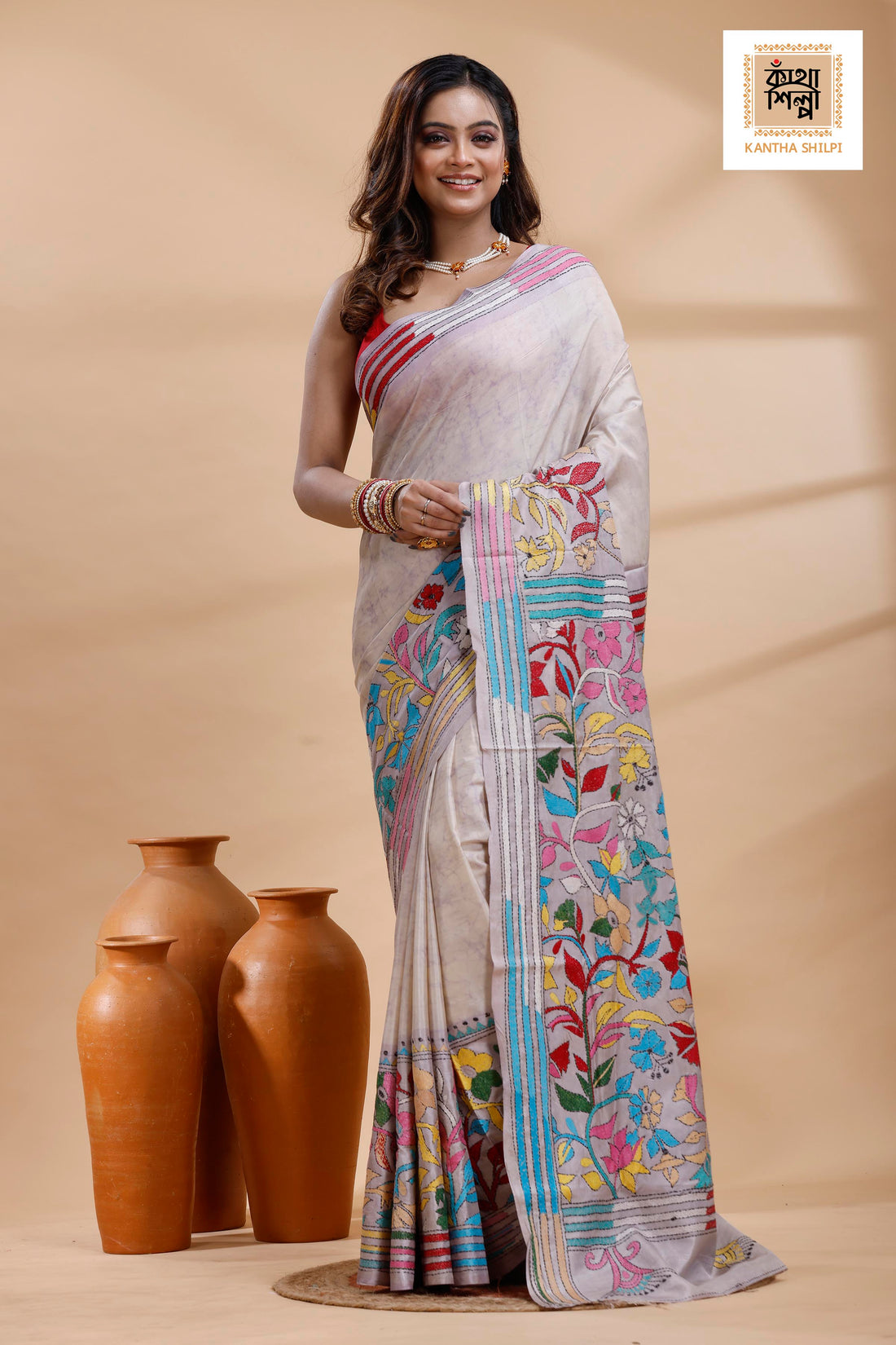 Off-White Color Bangalore Silk Multicolor Thread Work Batik Kantha Stitch Saree
