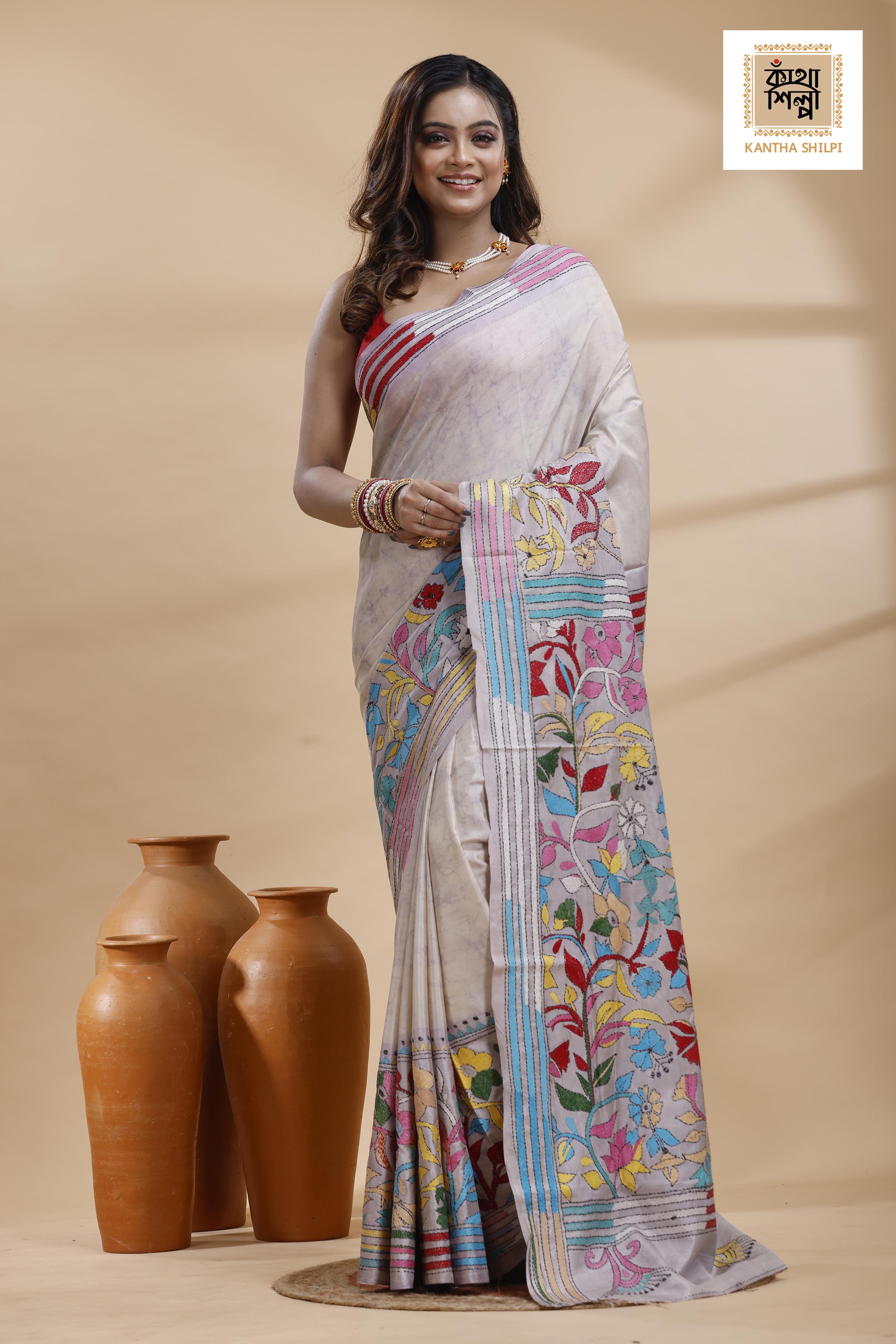 Off-White Color Bangalore Silk Multicolor Thread Work Batik Kantha Stitch Saree