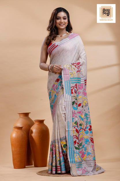 Off-White Color Bangalore Silk Multicolor Thread Work Batik Kantha Stitch Saree