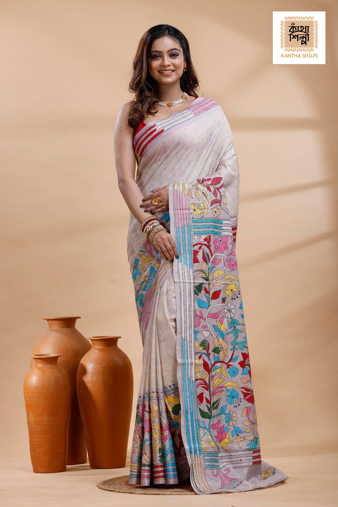 Off-White Color Bangalore Silk Multicolor Thread Work Batik Kantha Stitch Saree