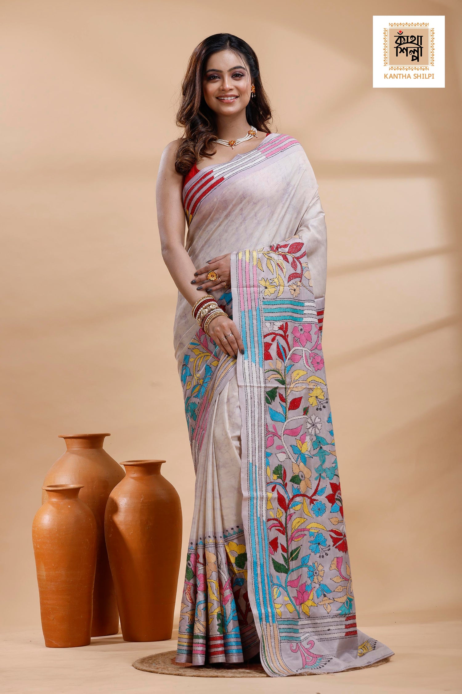 Off-White Color Bangalore Silk Multicolor Thread Work Batik Kantha Stitch Saree