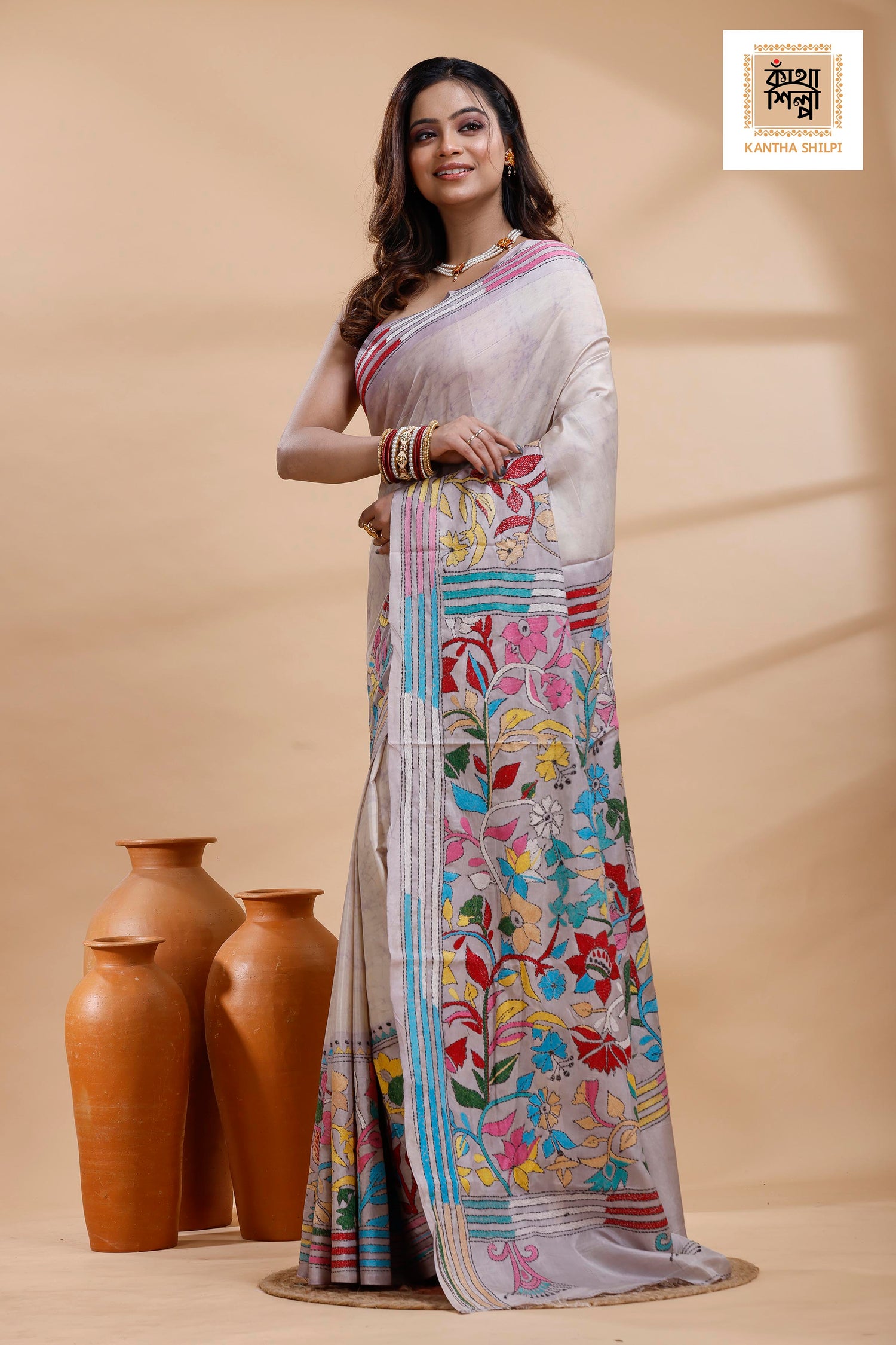 Off-White Color Bangalore Silk Multicolor Thread Work Batik Kantha Stitch Saree