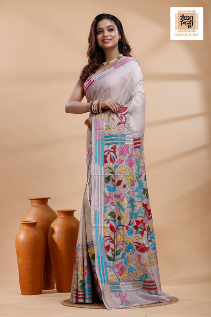 Off-White Color Bangalore Silk Multicolor Thread Work Batik Kantha Stitch Saree