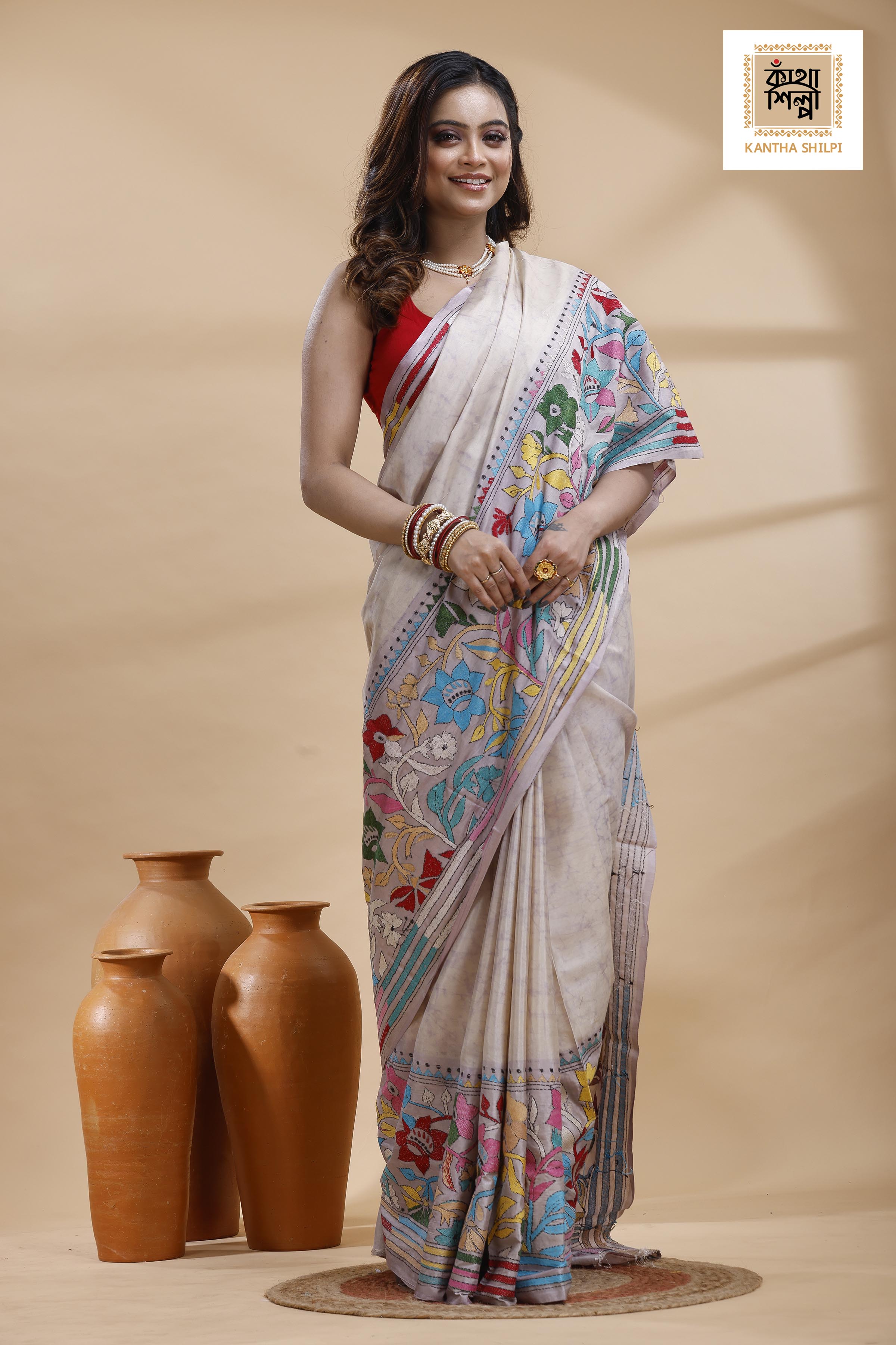 Off-White Color Bangalore Silk Multicolor Thread Work Batik Kantha Stitch Saree
