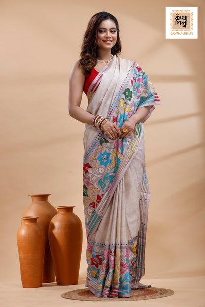 Off-White Color Bangalore Silk Multicolor Thread Work Batik Kantha Stitch Saree
