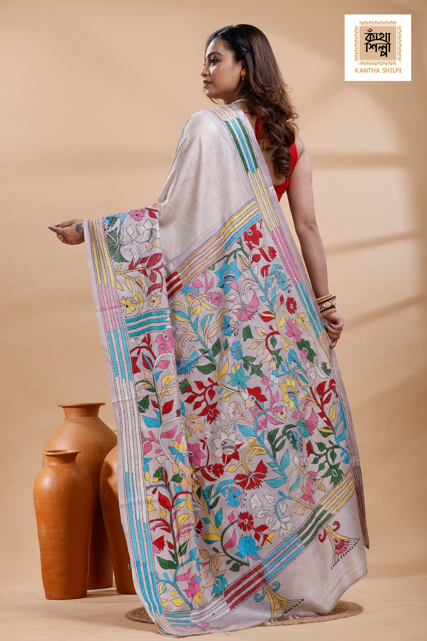 Off-White Color Bangalore Silk Multicolor Thread Work Batik Kantha Stitch Saree