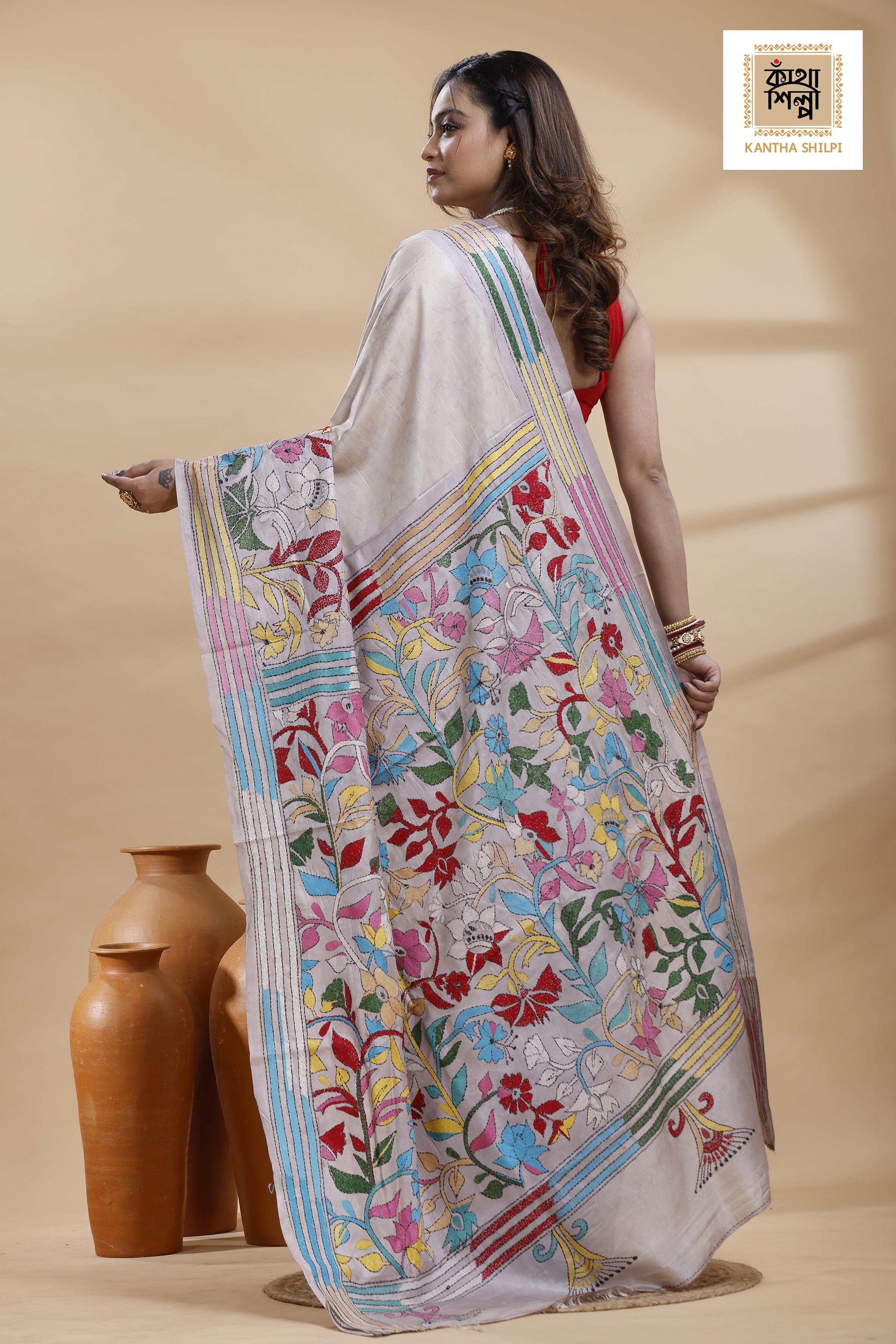 Off-White Color Bangalore Silk Multicolor Thread Work Batik Kantha Stitch Saree