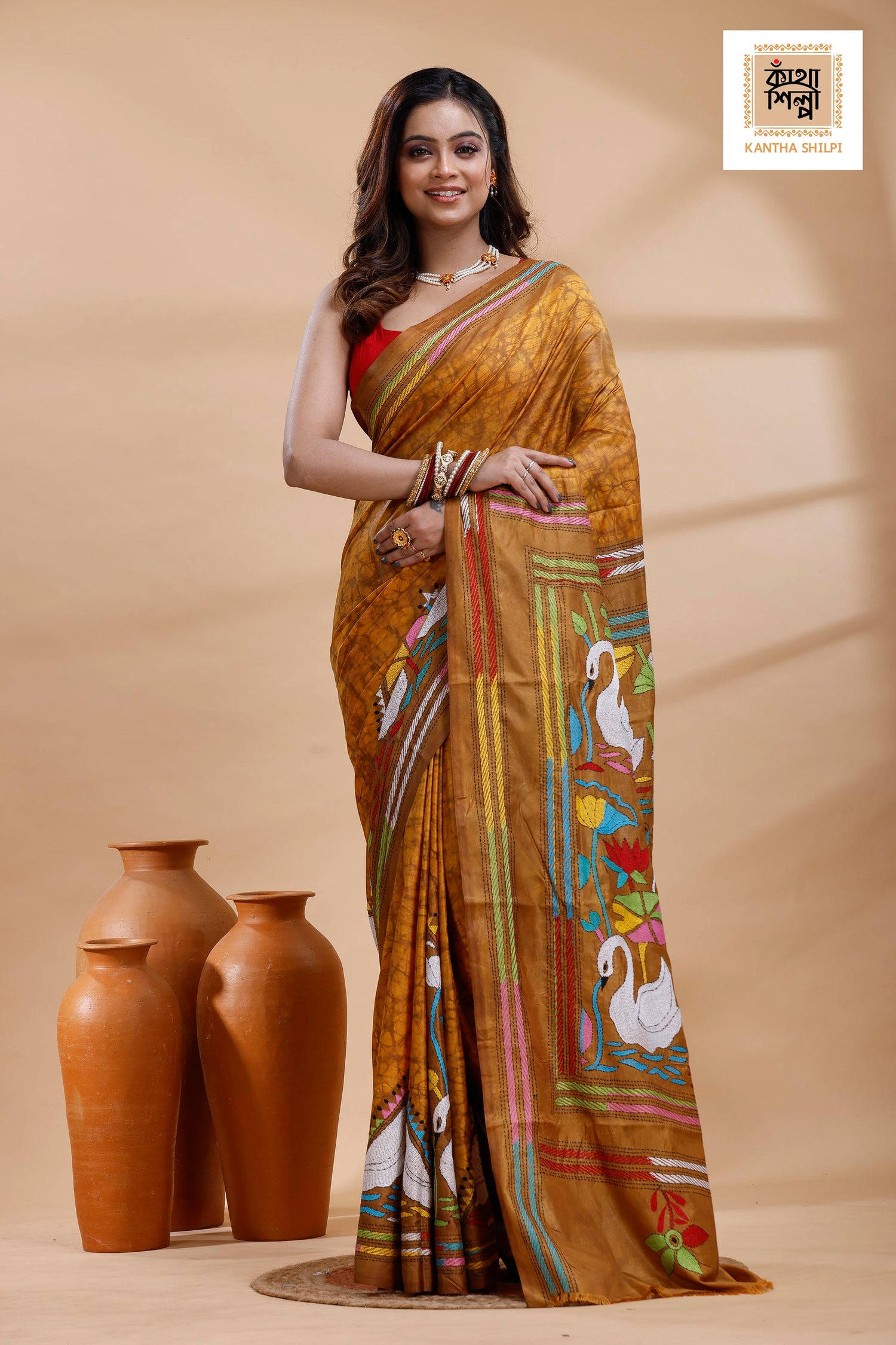 Mustard yellow Color Bangalore Silk Multicolor Thread Work Batik Kantha Stitch Saree