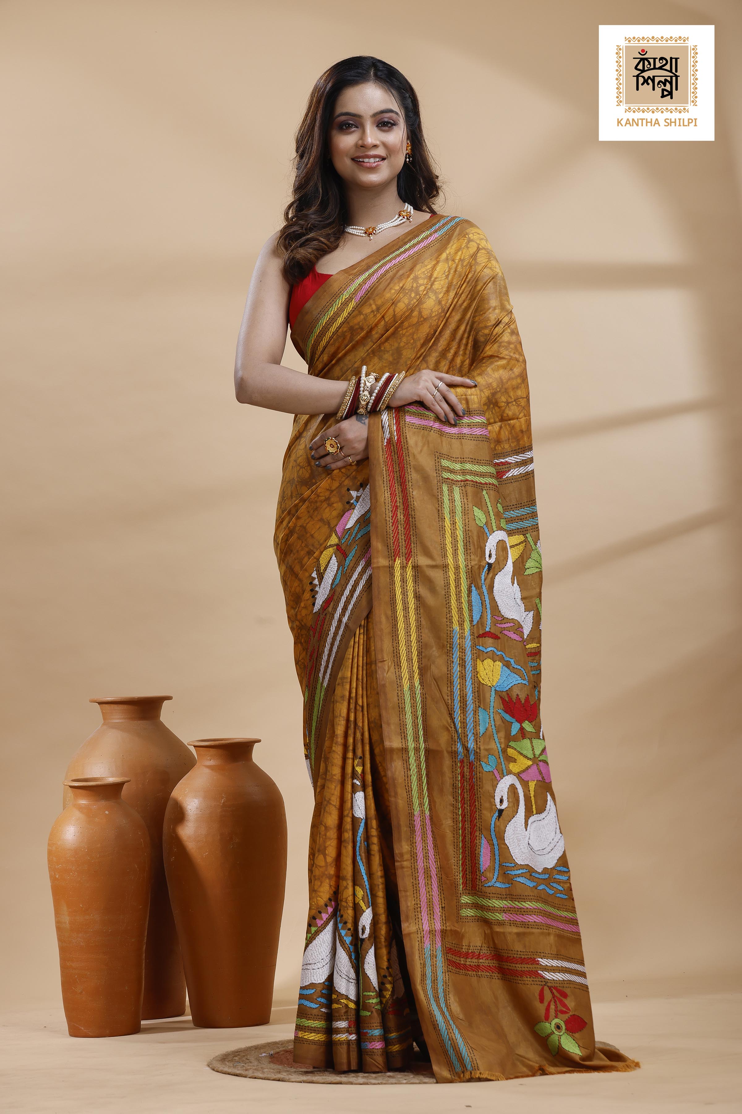 Mustard yellow Color Bangalore Silk Multicolor Thread Work Batik Kantha Stitch Saree