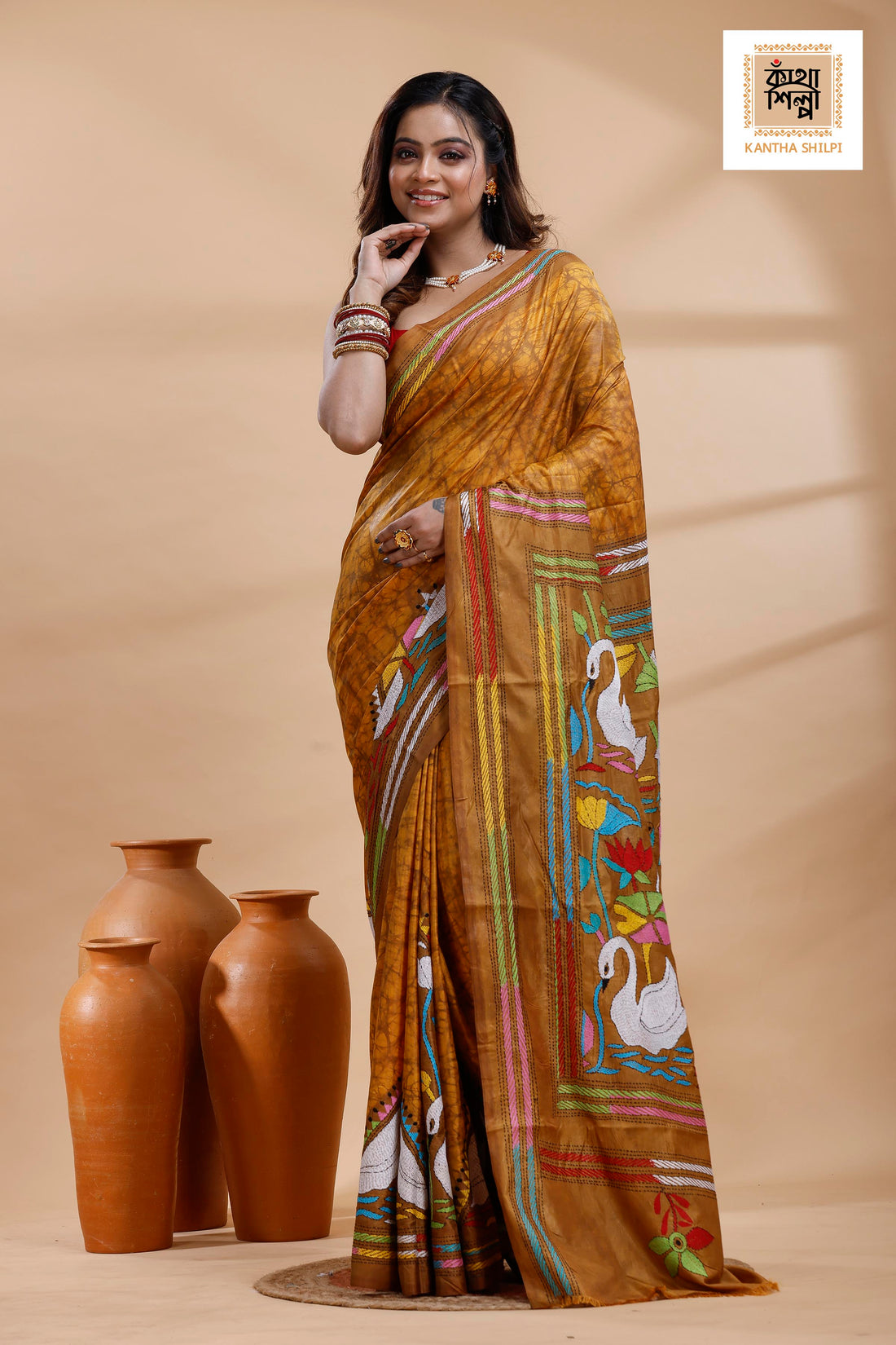 Mustard yellow Color Bangalore Silk Multicolor Thread Work Batik Kantha Stitch Saree