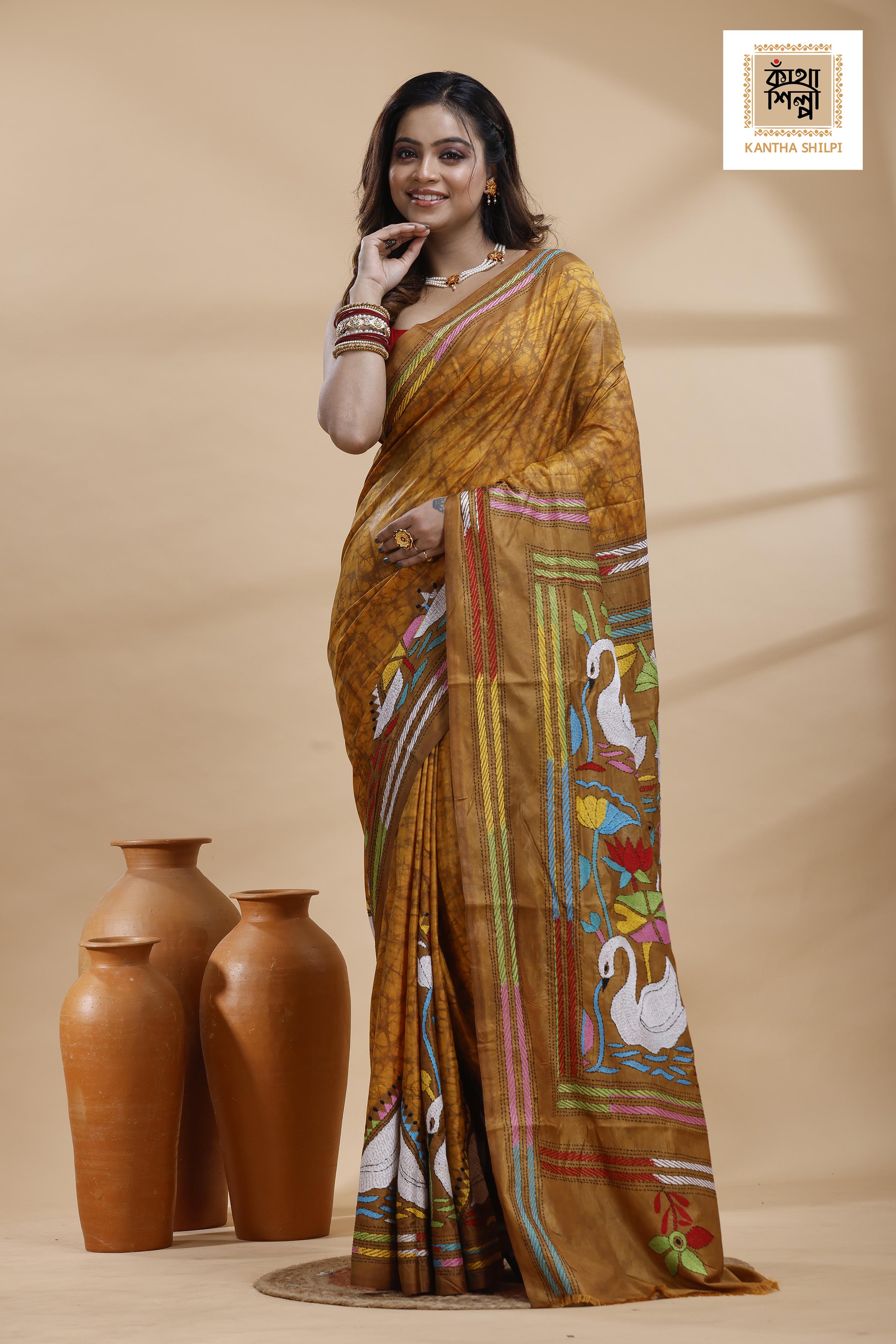 Mustard yellow Color Bangalore Silk Multicolor Thread Work Batik Kantha Stitch Saree