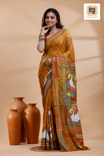 Mustard yellow Color Bangalore Silk Multicolor Thread Work Batik Kantha Stitch Saree