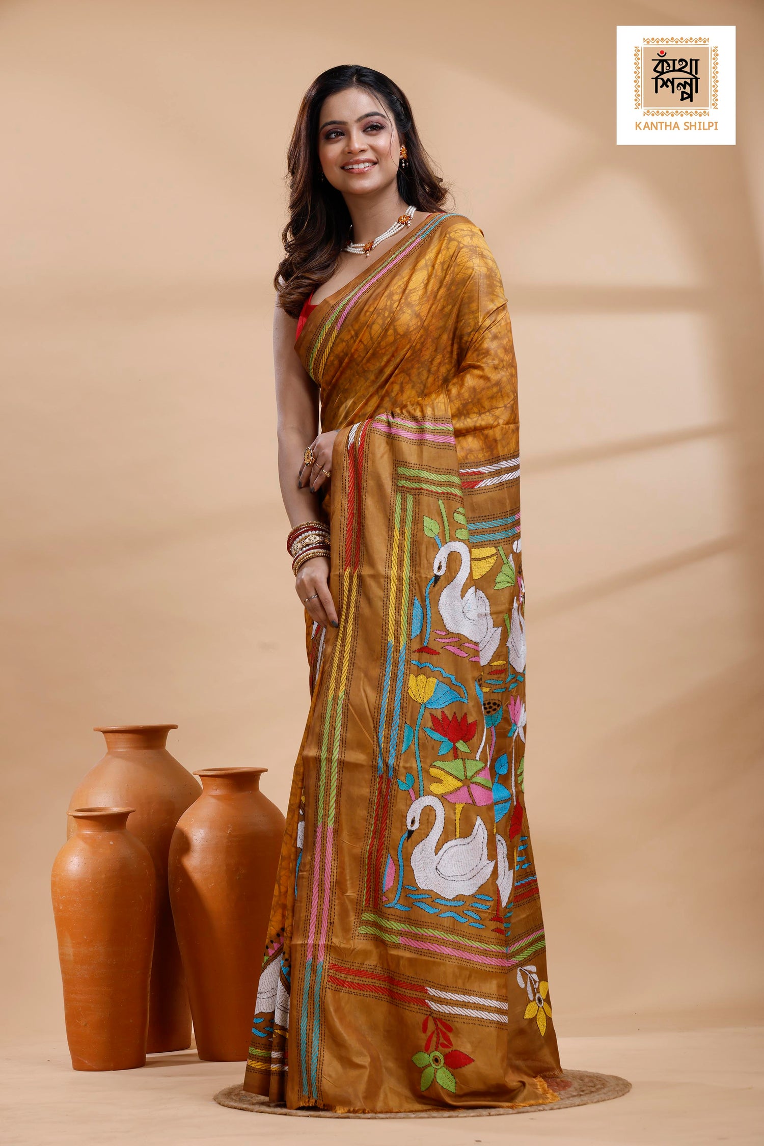 Mustard yellow Color Bangalore Silk Multicolor Thread Work Batik Kantha Stitch Saree