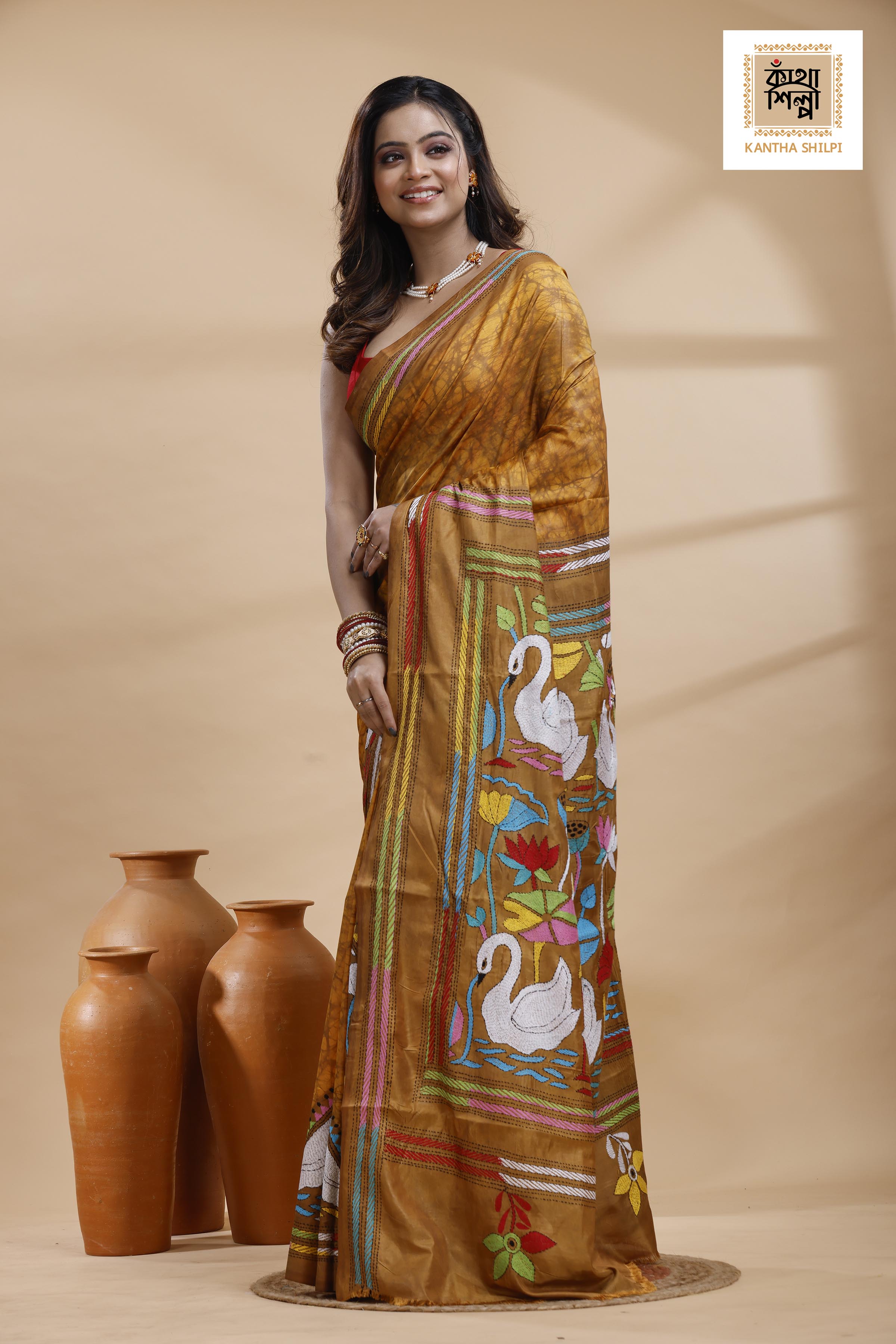 Mustard yellow Color Bangalore Silk Multicolor Thread Work Batik Kantha Stitch Saree