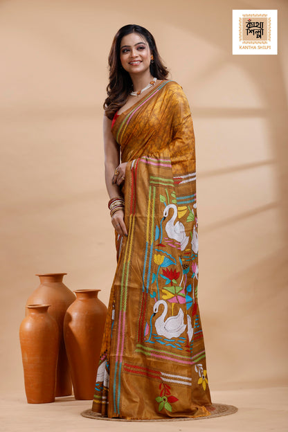 Mustard yellow Color Bangalore Silk Multicolor Thread Work Batik Kantha Stitch Saree