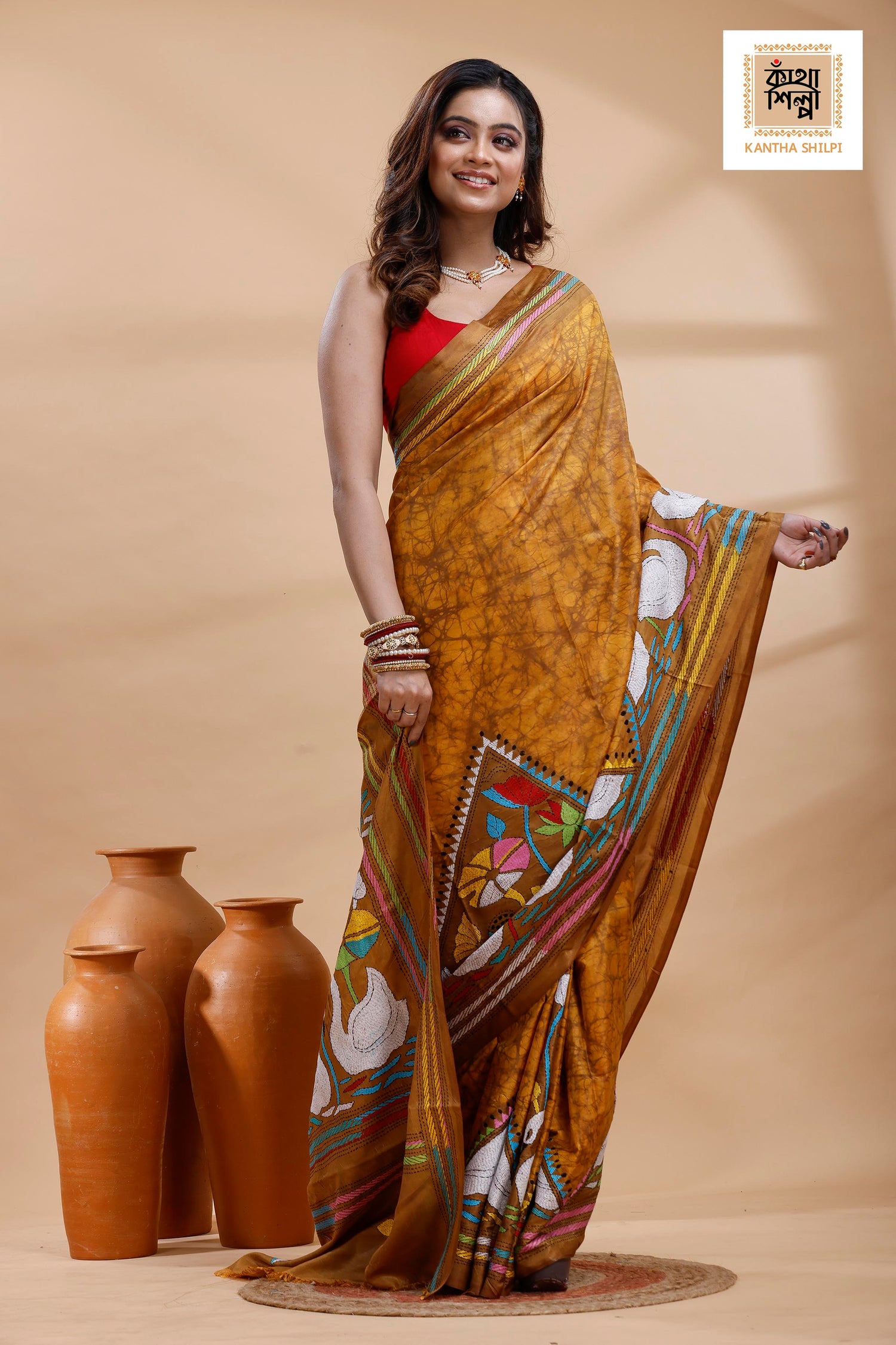 Mustard yellow Color Bangalore Silk Multicolor Thread Work Batik Kantha Stitch Saree