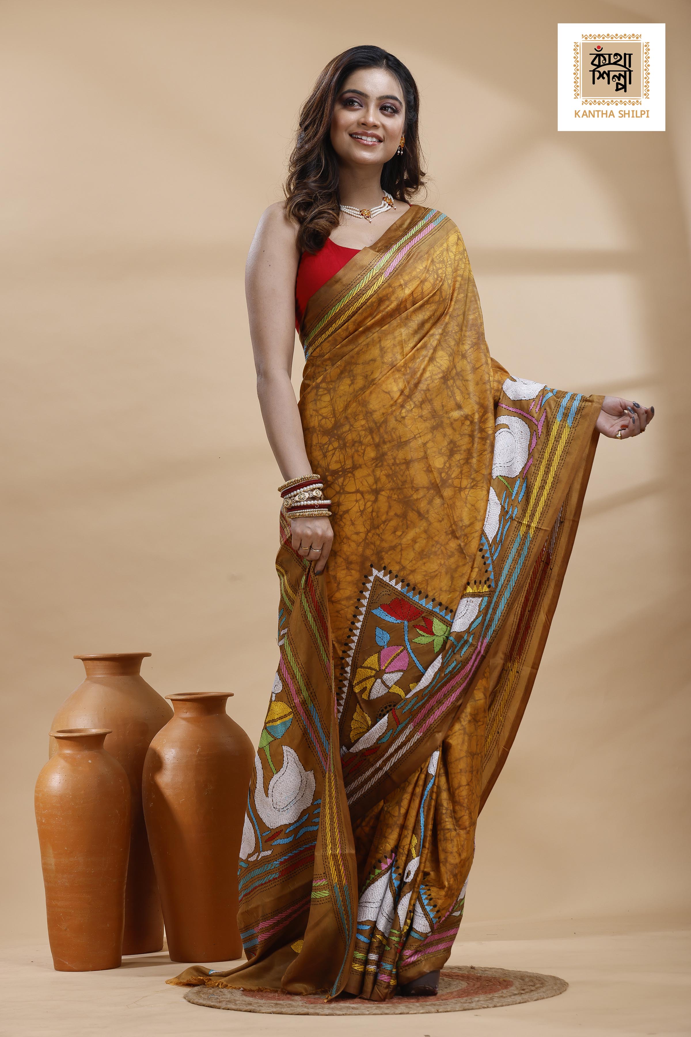 Mustard yellow Color Bangalore Silk Multicolor Thread Work Batik Kantha Stitch Saree