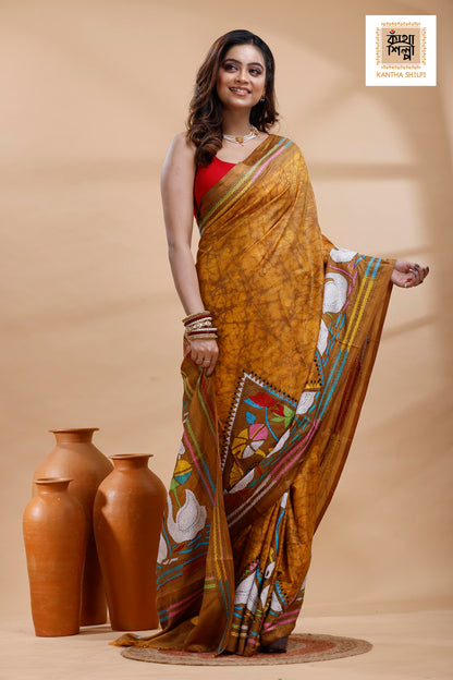 Mustard yellow Color Bangalore Silk Multicolor Thread Work Batik Kantha Stitch Saree