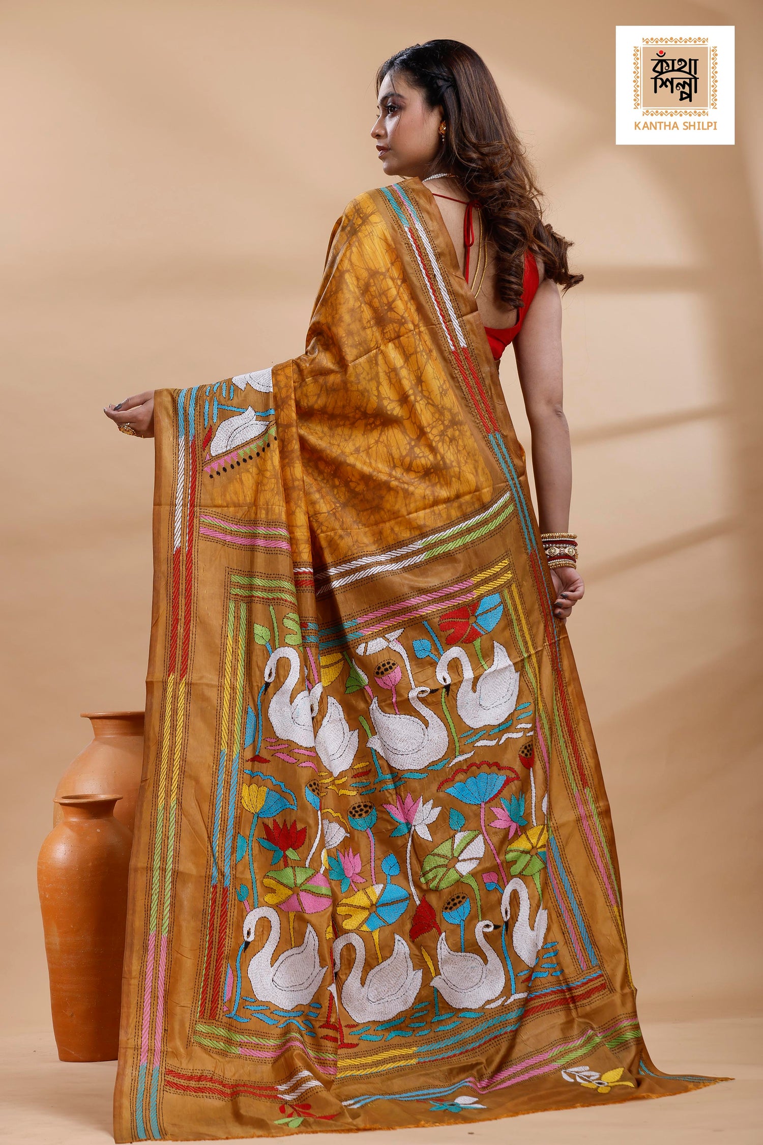 Mustard yellow Color Bangalore Silk Multicolor Thread Work Batik Kantha Stitch Saree