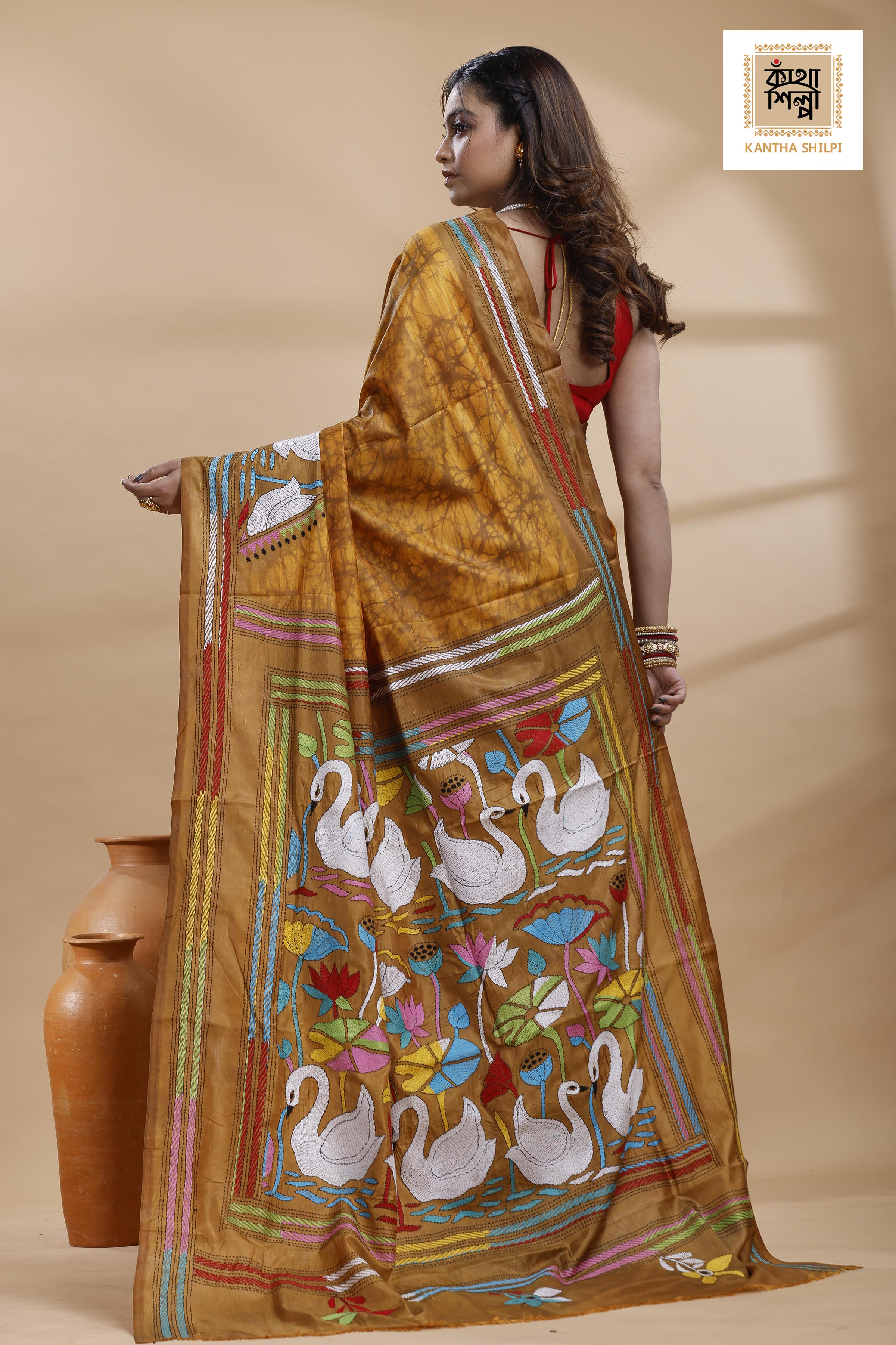 Mustard yellow Color Bangalore Silk Multicolor Thread Work Batik Kantha Stitch Saree