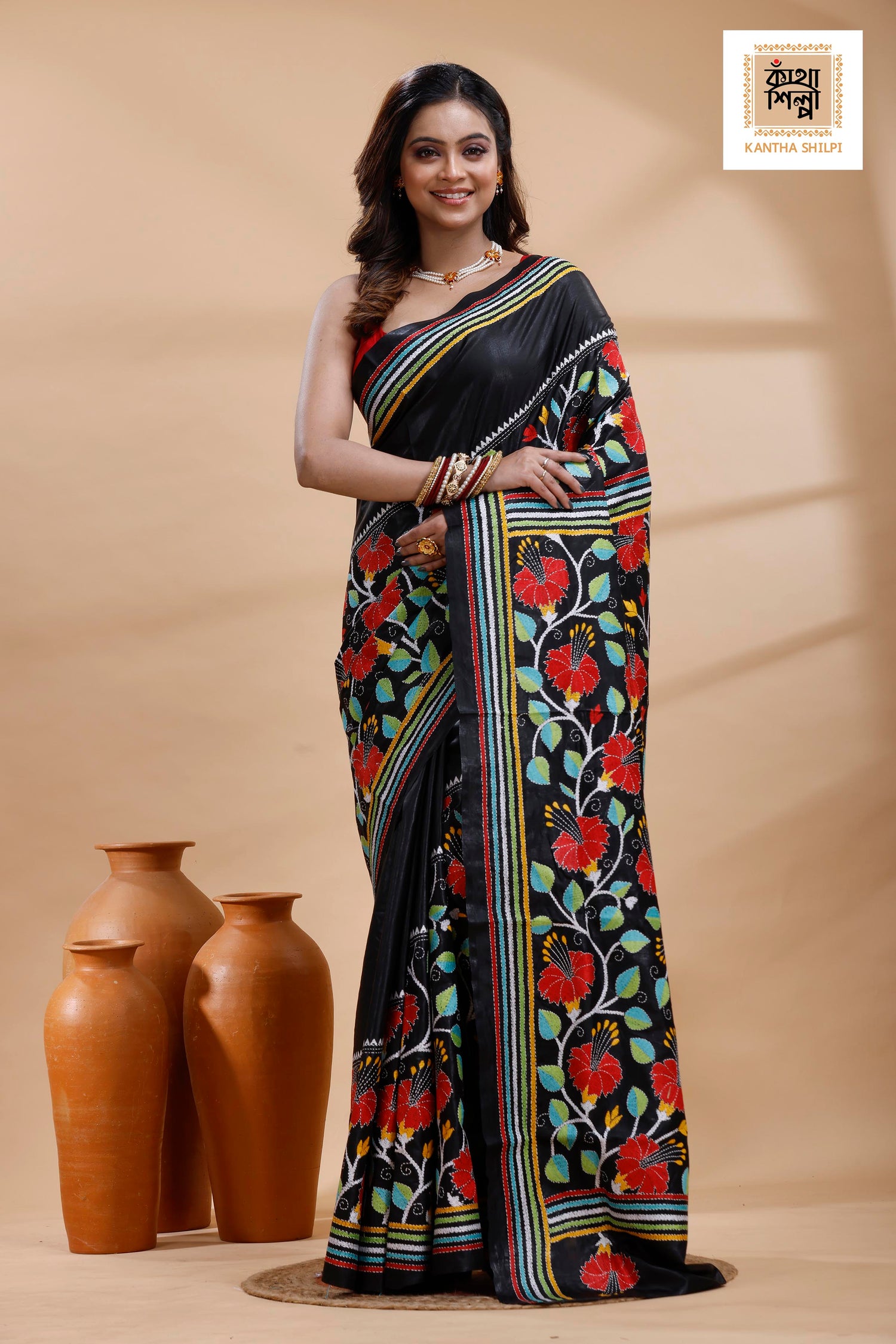 Black Pure Bangalore Silk Multicolor Thread Work Joba Flower Motif Kantha Stitch Saree