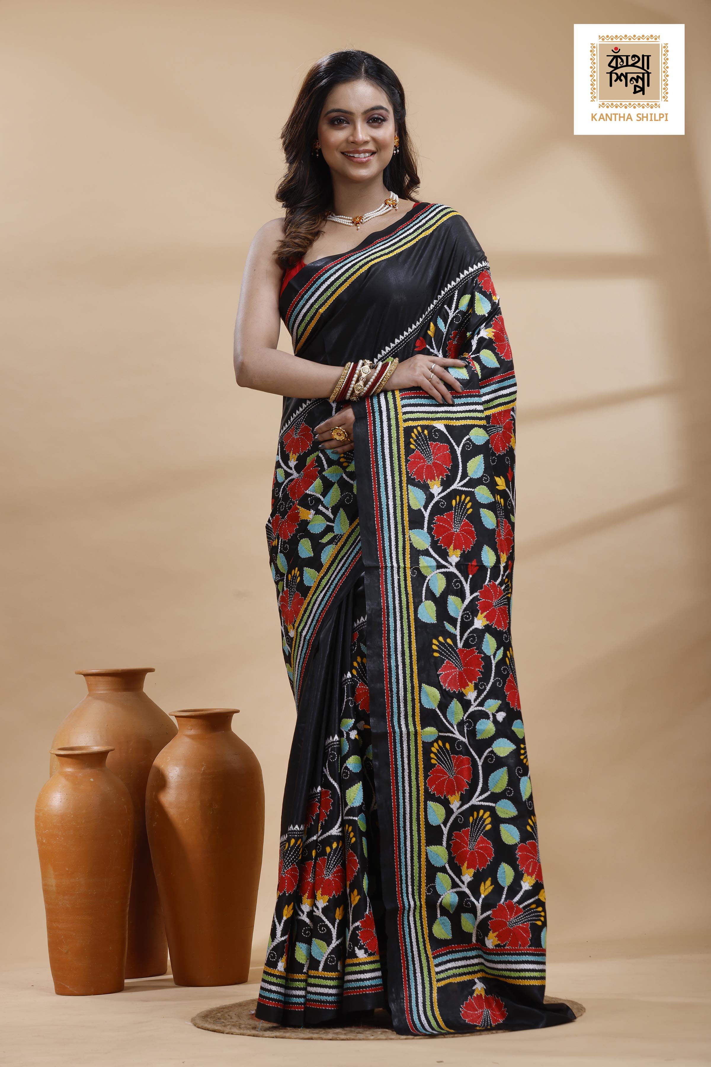 Black Pure Bangalore Silk Multicolor Thread Work Joba Flower Motif Kantha Stitch Saree