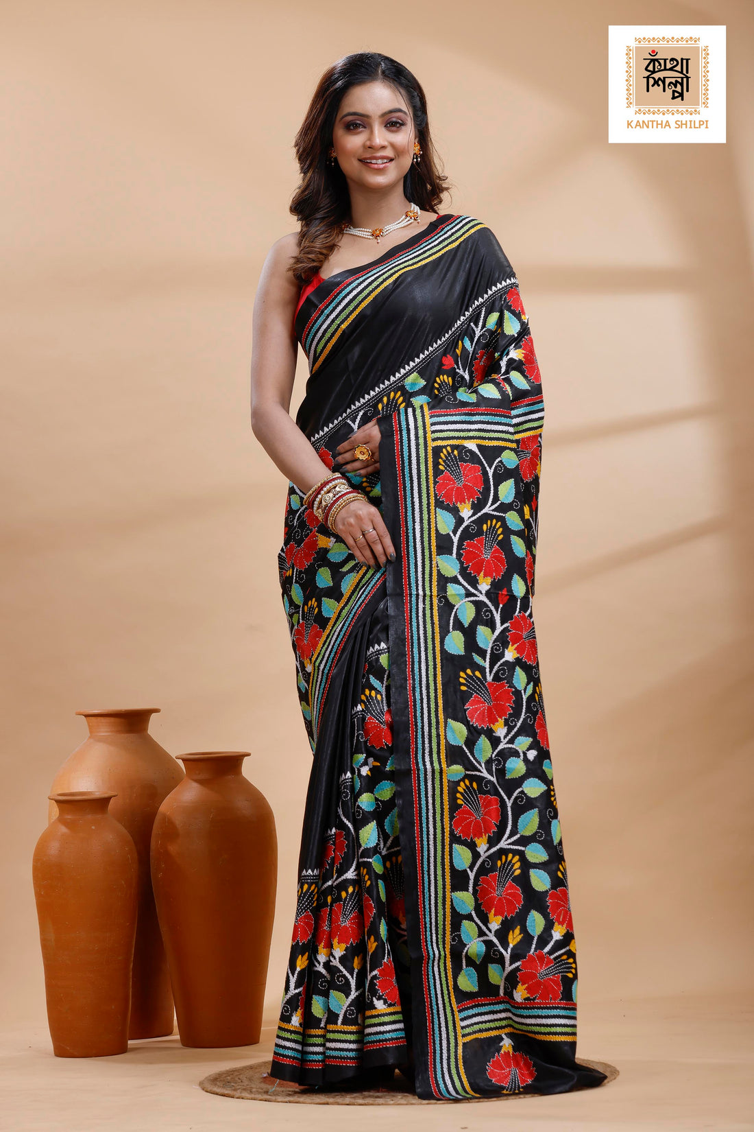 Black Pure Bangalore Silk Multicolor Thread Work Joba Flower Motif Kantha Stitch Saree