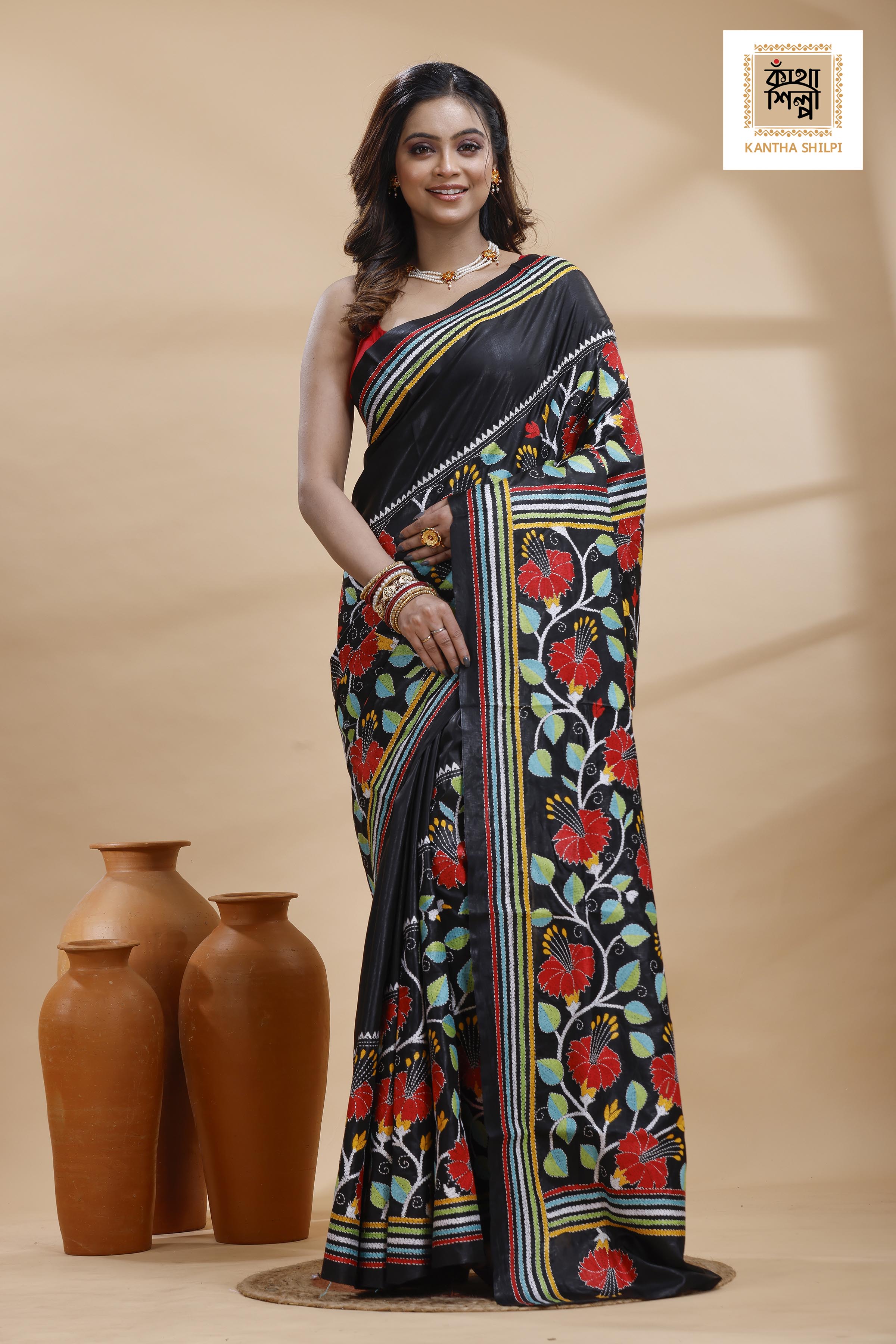 Black Pure Bangalore Silk Multicolor Thread Work Joba Flower Motif Kantha Stitch Saree