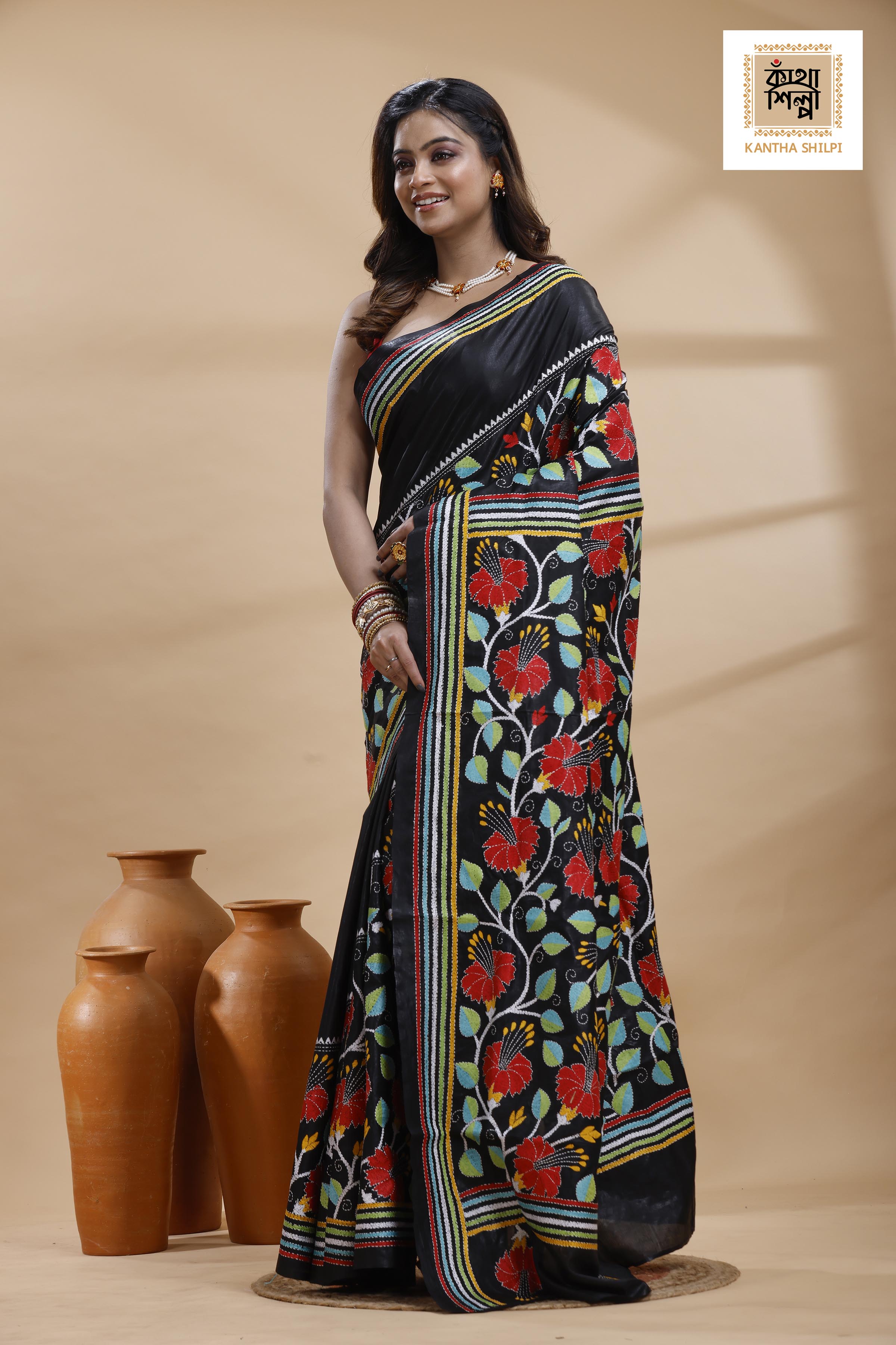 Black Pure Bangalore Silk Multicolor Thread Work Joba Flower Motif Kantha Stitch Saree