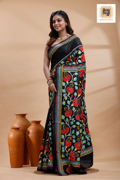 Black Pure Bangalore Silk Multicolor Thread Work Joba Flower Motif Kantha Stitch Saree
