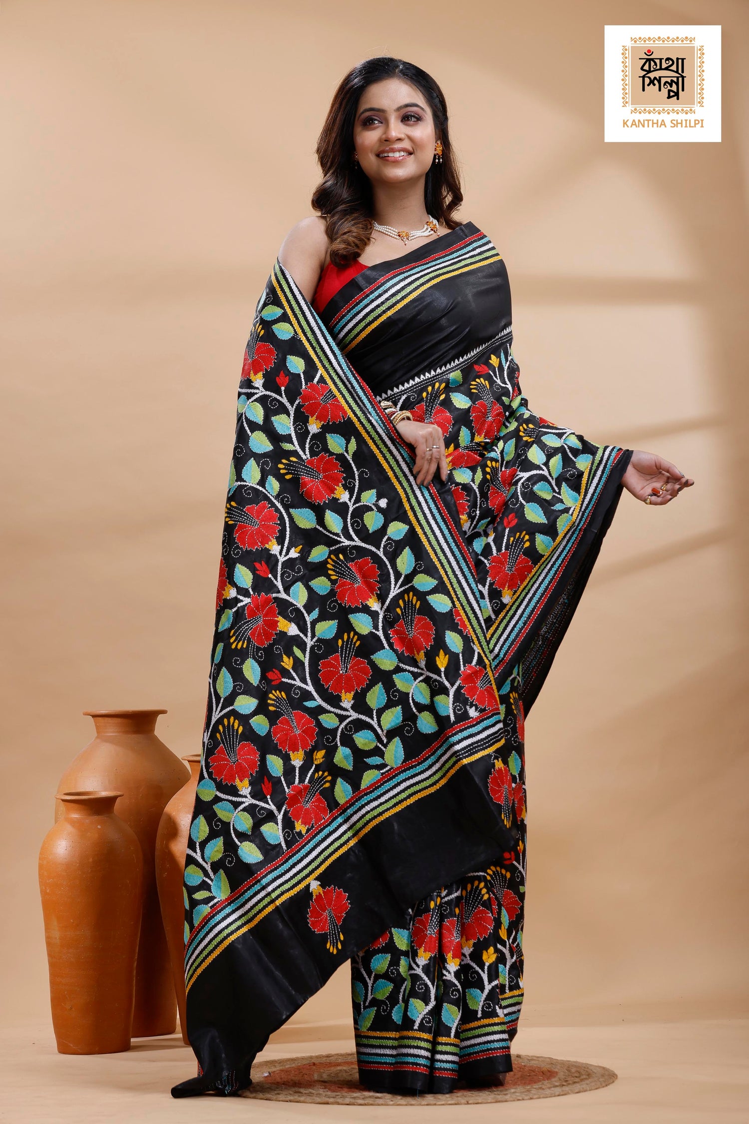 Black Pure Bangalore Silk Multicolor Thread Work Joba Flower Motif Kantha Stitch Saree